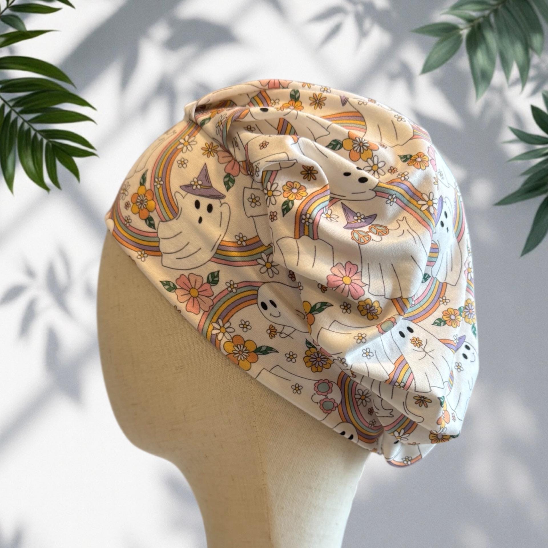 Rainbow Ghost Scrub Cap – Bouffant Style Surgical Hat with Cute Ghosts, Rainbows & Flowers, Headband Style Scrub Cap