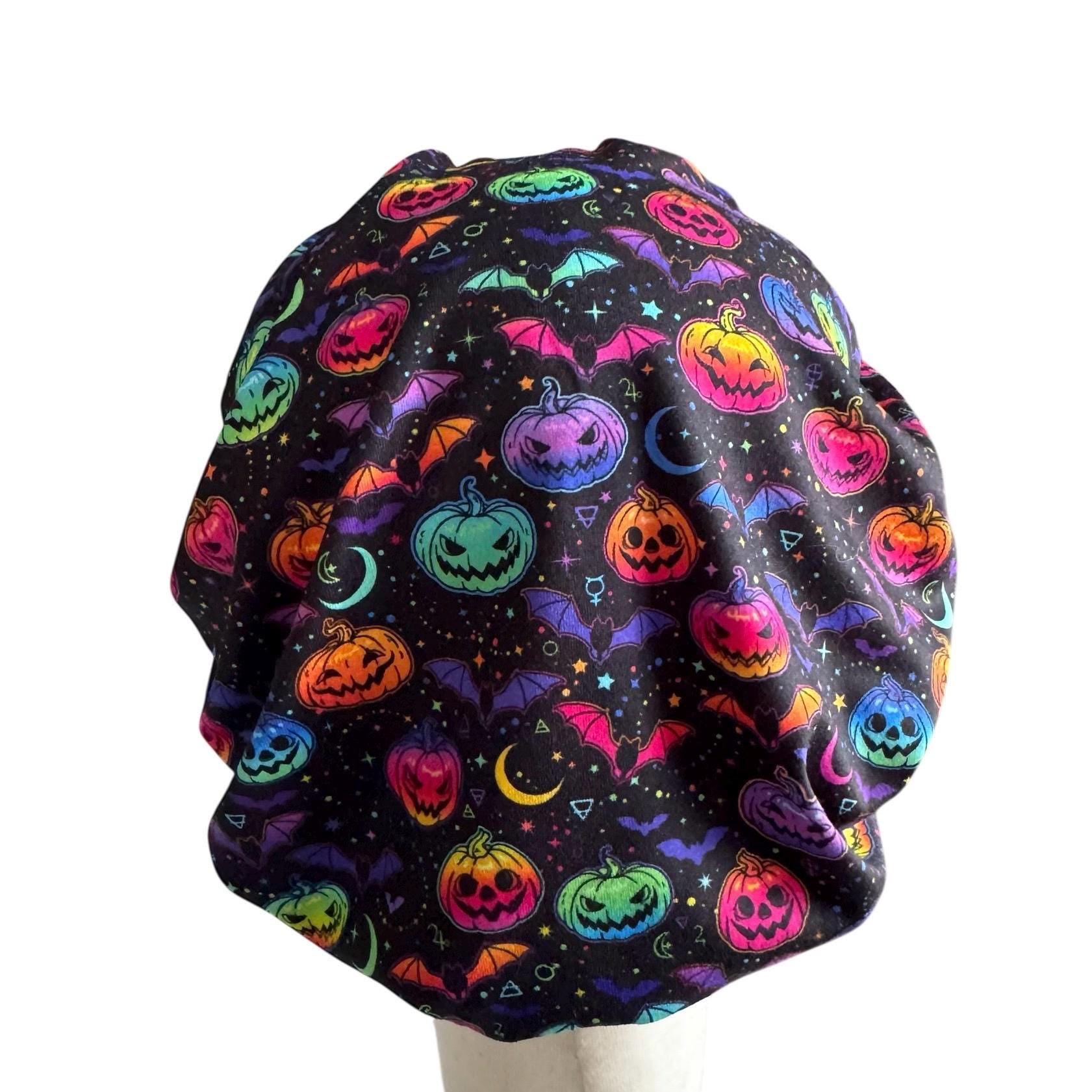 Rainbow Halloween Scrub Cap – Bouffant Style Surgical Hat with Colorful Pumpkins, Bats & Stars – Fun Spooky Nurse Hat