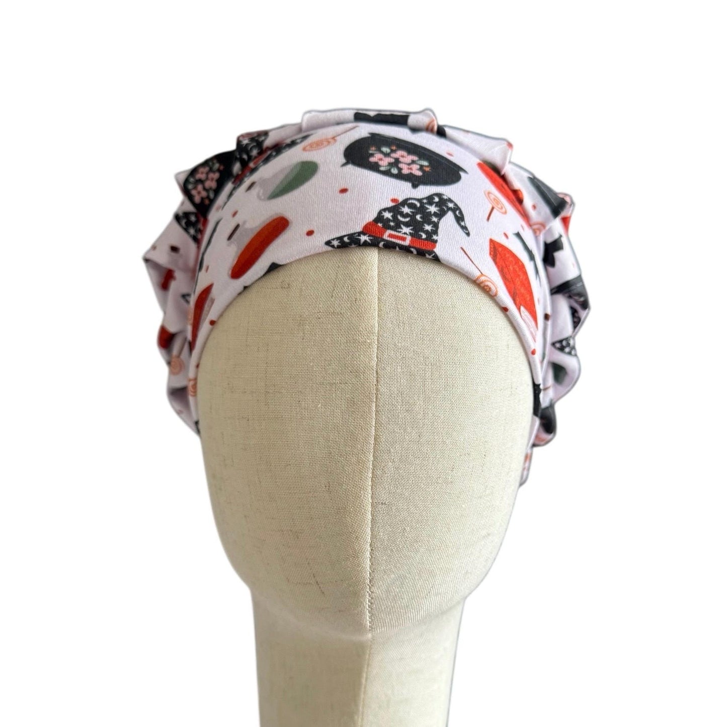 Halloween Bouffant Scrub Cap – Headband Style Surgical Hat with Pumpkins, Witch Hats, Bats & Candy – Fun Spooky Nurse Hat