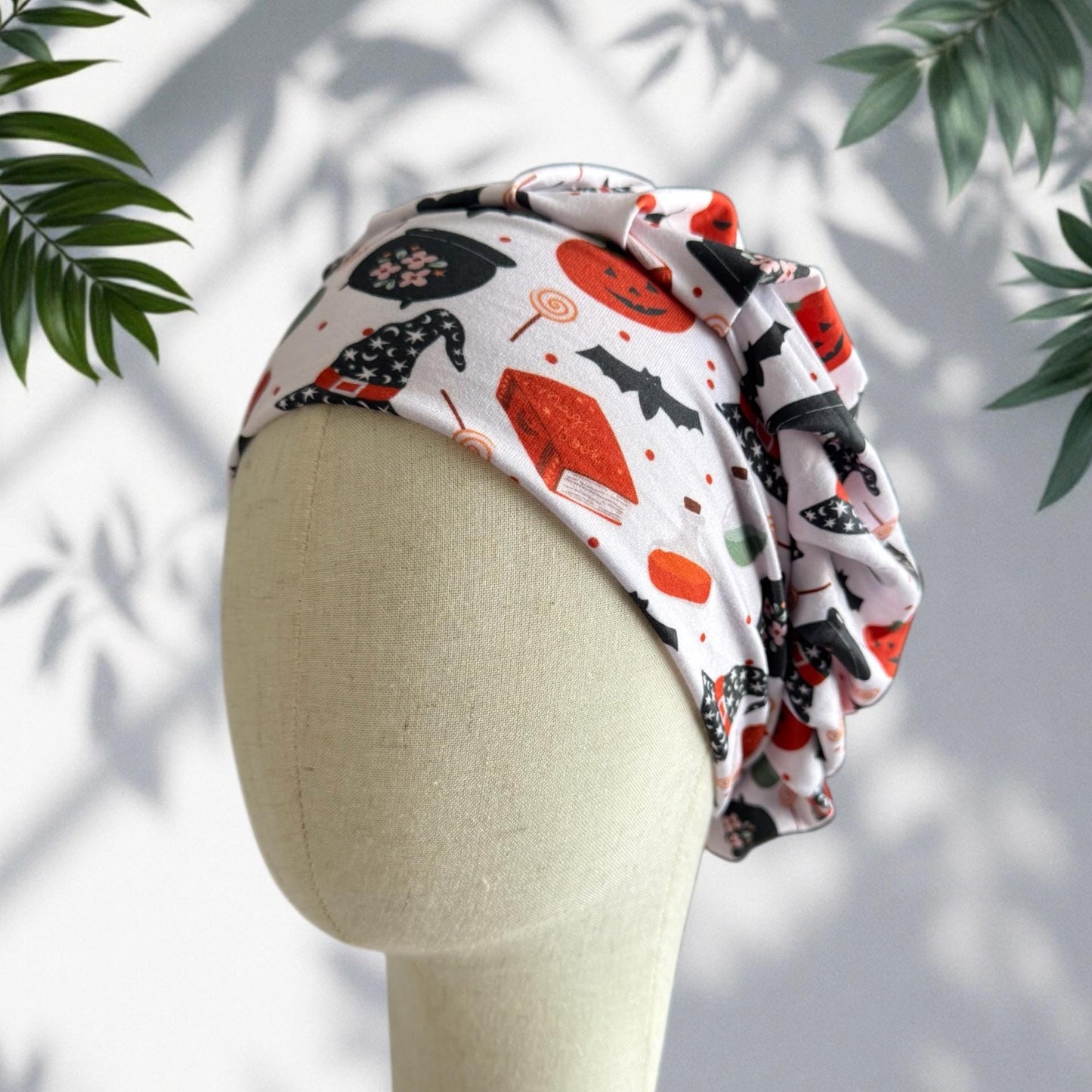 Halloween Bouffant Scrub Cap – Headband Style Surgical Hat with Pumpkins, Witch Hats, Bats & Candy – Fun Spooky Nurse Hat