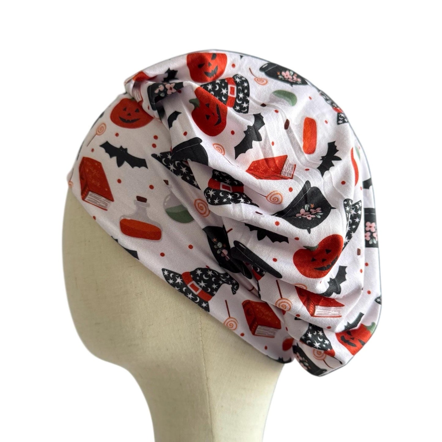 Halloween Bouffant Scrub Cap – Headband Style Surgical Hat with Pumpkins, Witch Hats, Bats & Candy – Fun Spooky Nurse Hat