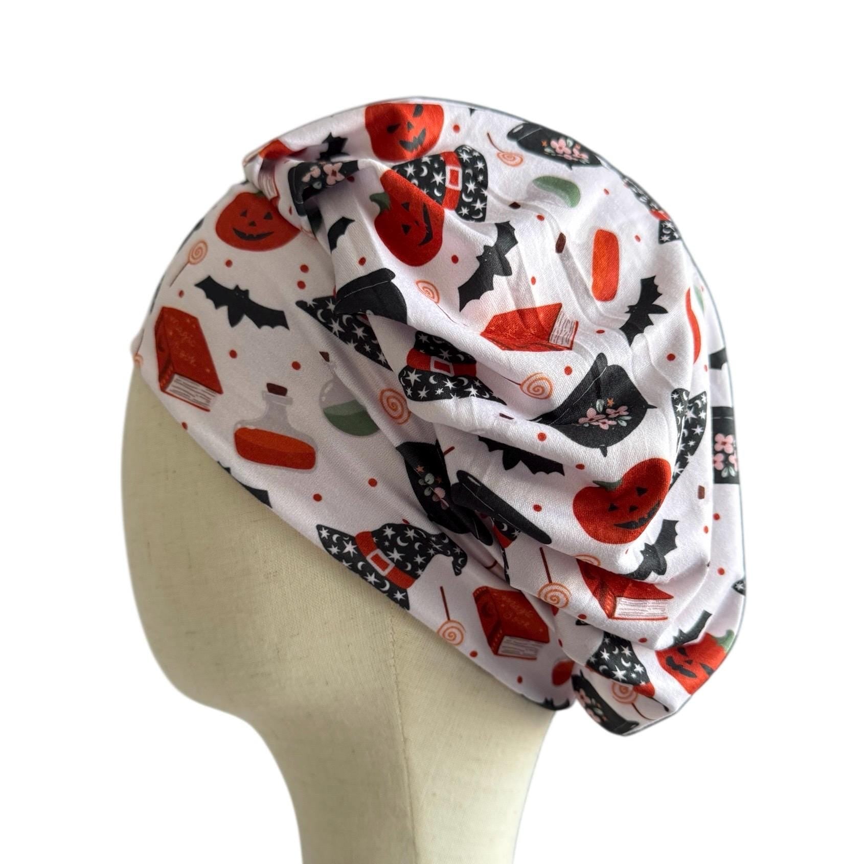 Halloween Bouffant Scrub Cap – Headband Style Surgical Hat with Pumpkins, Witch Hats, Bats & Candy – Fun Spooky Nurse Hat