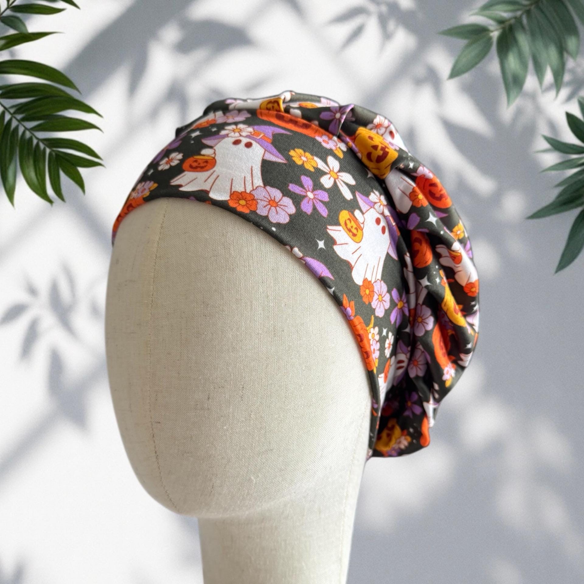 Halloween Scrub Cap | Ghosts & Pumpkins Surgical Hat | Bouffant Style Scrub Cap | Cute Spooky Floral Medical Hat | Nurse Halloween Gift