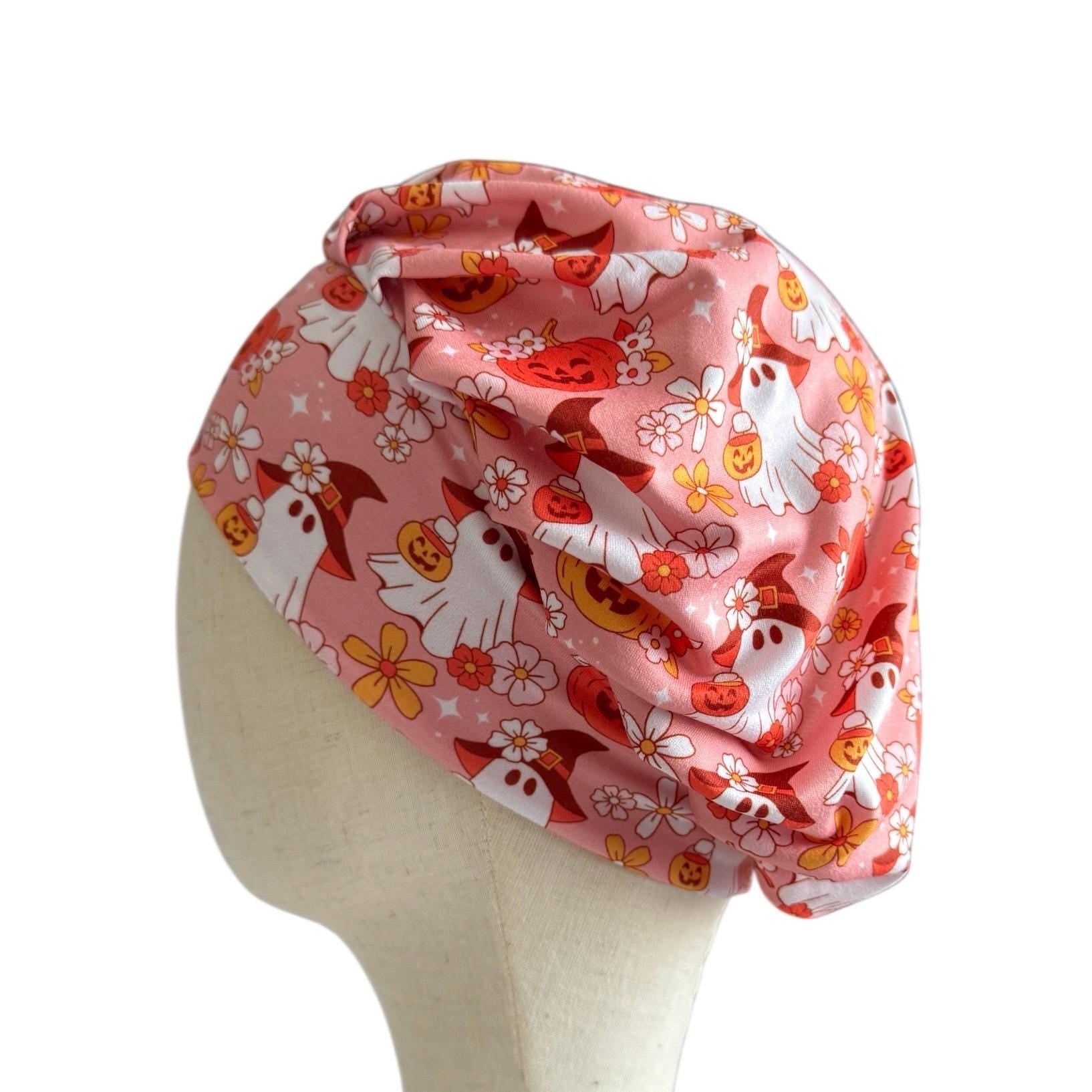 Pink Halloween Scrub Cap | Ghosts & Pumpkins Bouffant Scrub Hat | Cute Floral Surgical Cap | Nurse Halloween Gift | Medical Hair Cover