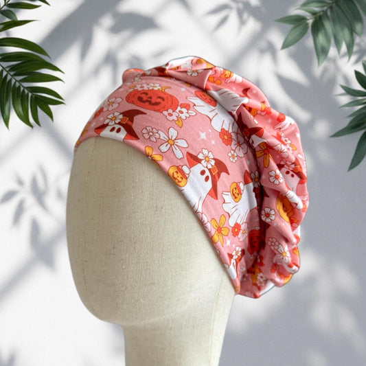 Pink Halloween Scrub Cap | Ghosts & Pumpkins Bouffant Scrub Hat | Cute Floral Surgical Cap | Nurse Halloween Gift | Medical Hair Cover