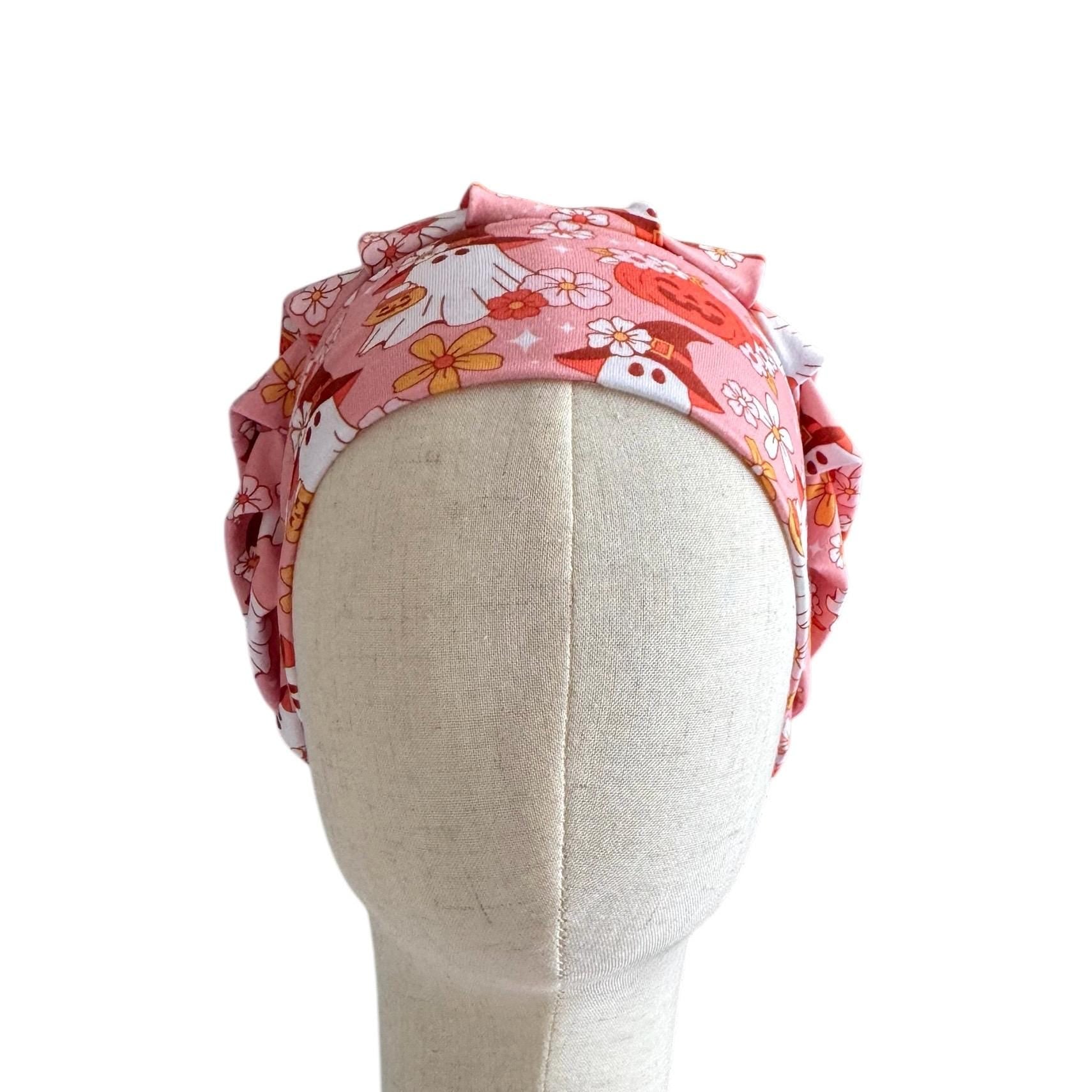 Pink Halloween Scrub Cap | Ghosts & Pumpkins Bouffant Scrub Hat | Cute Floral Surgical Cap | Nurse Halloween Gift | Medical Hair Cover