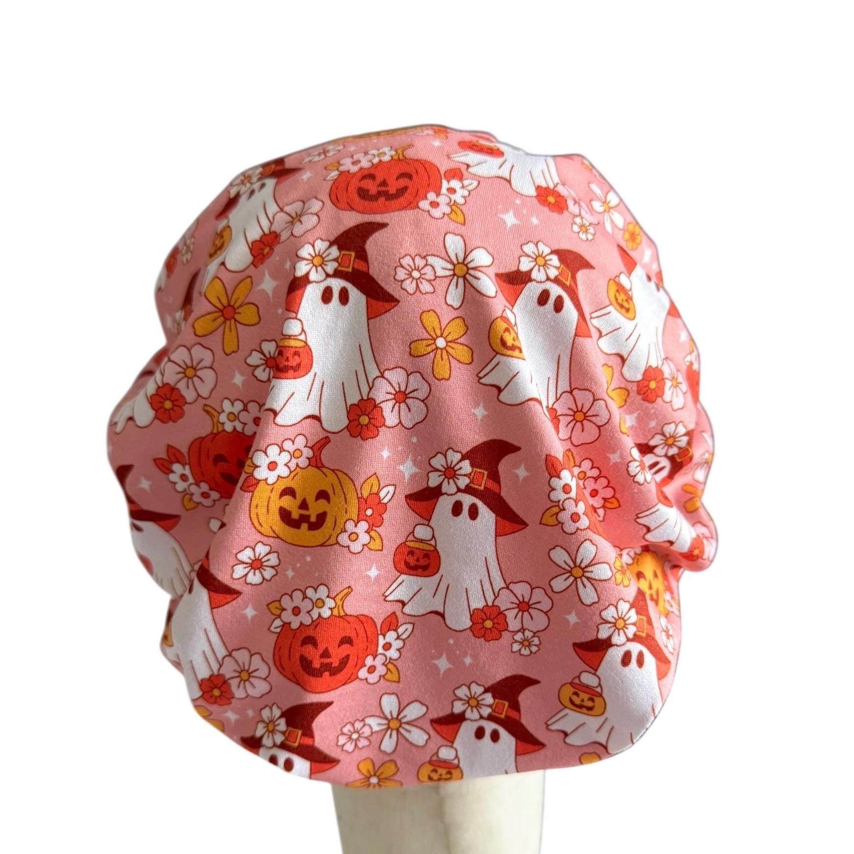 Pink Halloween Scrub Cap | Ghosts & Pumpkins Bouffant Scrub Hat | Cute Floral Surgical Cap | Nurse Halloween Gift | Medical Hair Cover