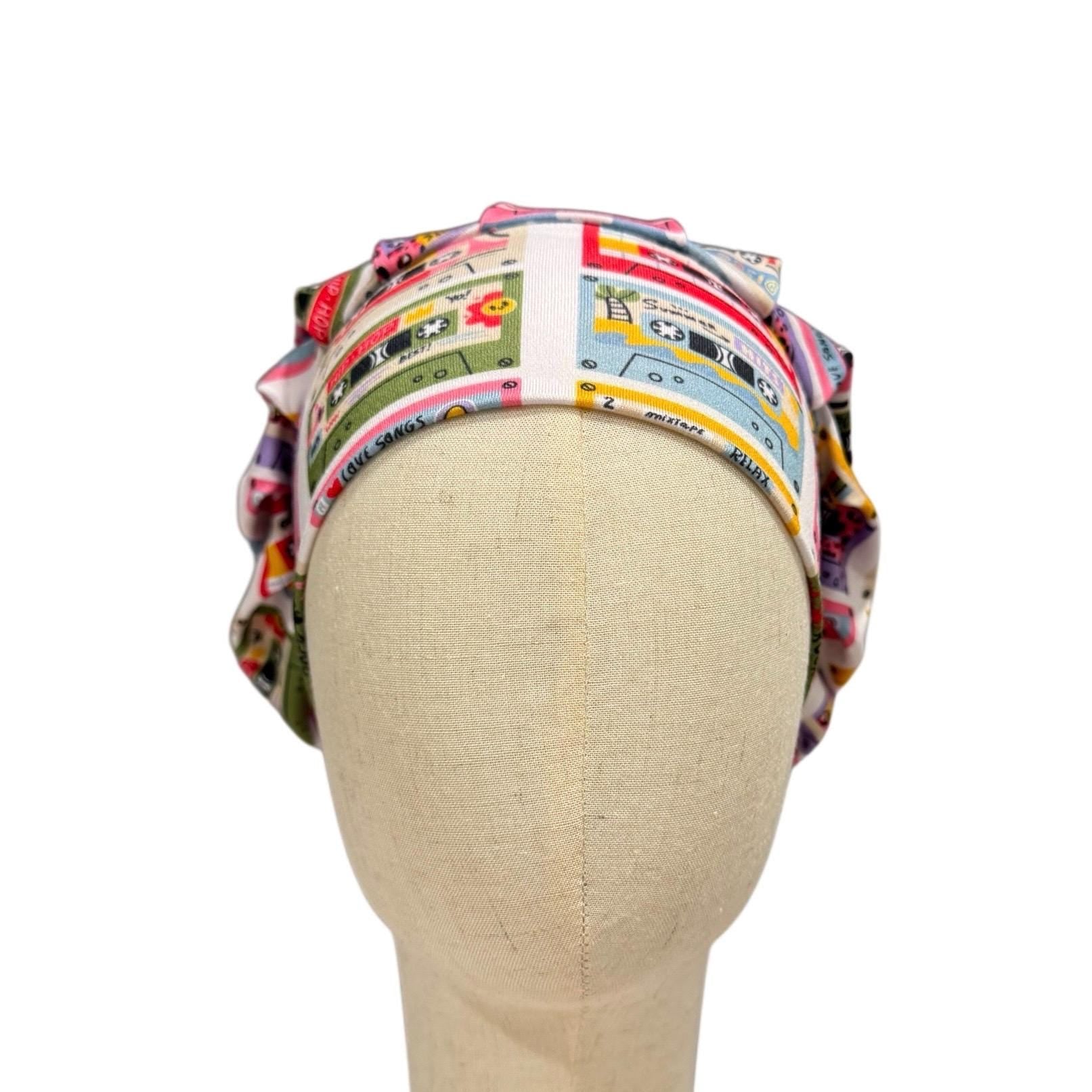 Retro Cassette Tape Scrub Cap | Bouffant Surgical Hat | Colorful Music Print Scrub Hat for Nurses, Doctors, Medical Staff