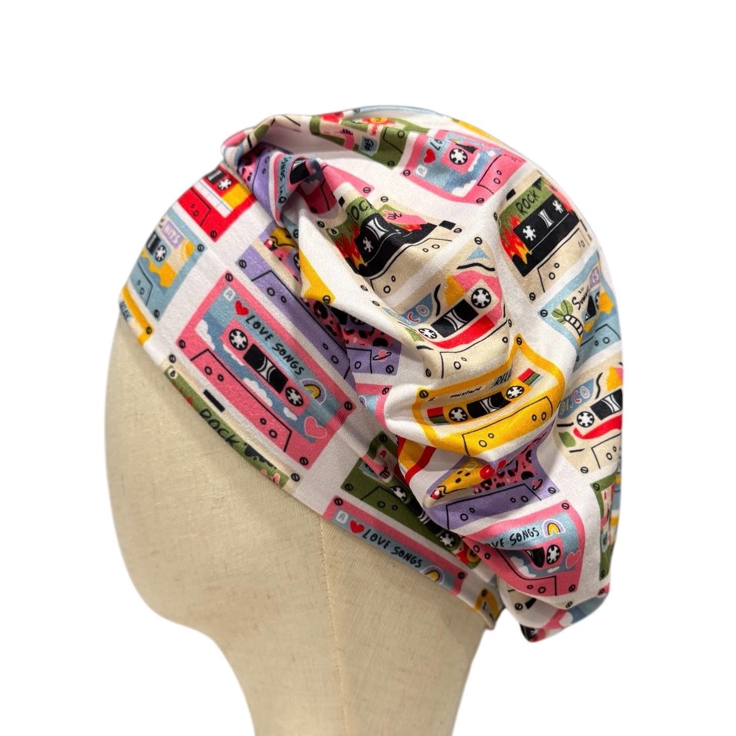 Retro Cassette Tape Scrub Cap | Bouffant Surgical Hat | Colorful Music Print Scrub Hat for Nurses, Doctors, Medical Staff