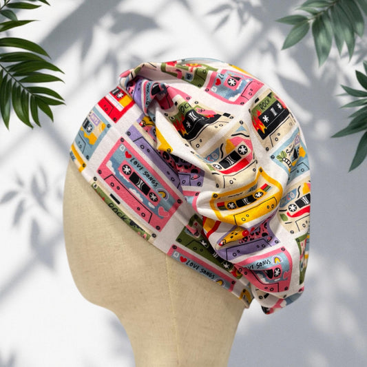 Retro Cassette Tape Scrub Cap | Bouffant Surgical Hat | Colorful Music Print Scrub Hat for Nurses, Doctors, Medical Staff