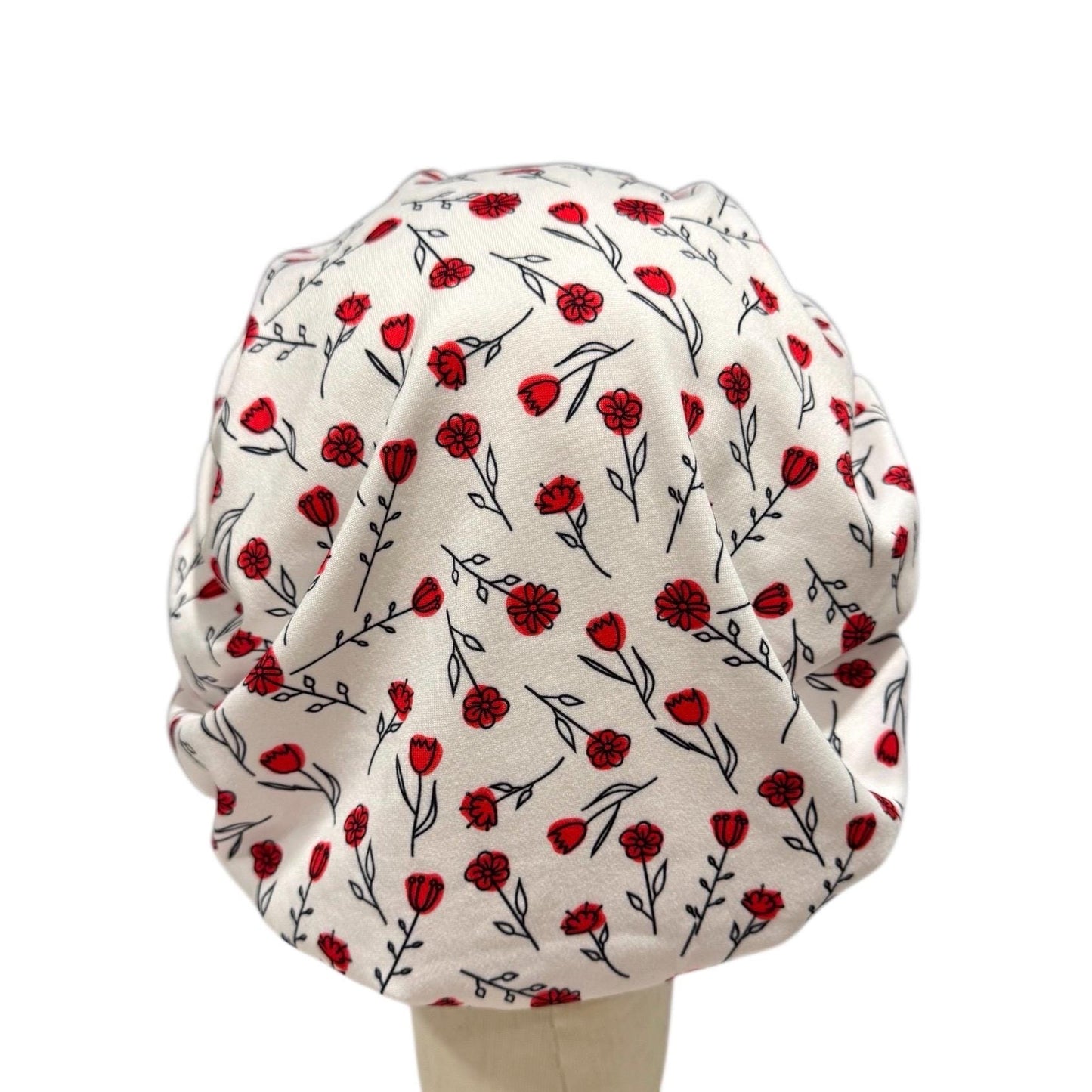 Red Floral Scrub Cap | Bouffant Surgical Hat | Nurse Scrub Hat with Red Flowers | Handmade Medical Cap for Women