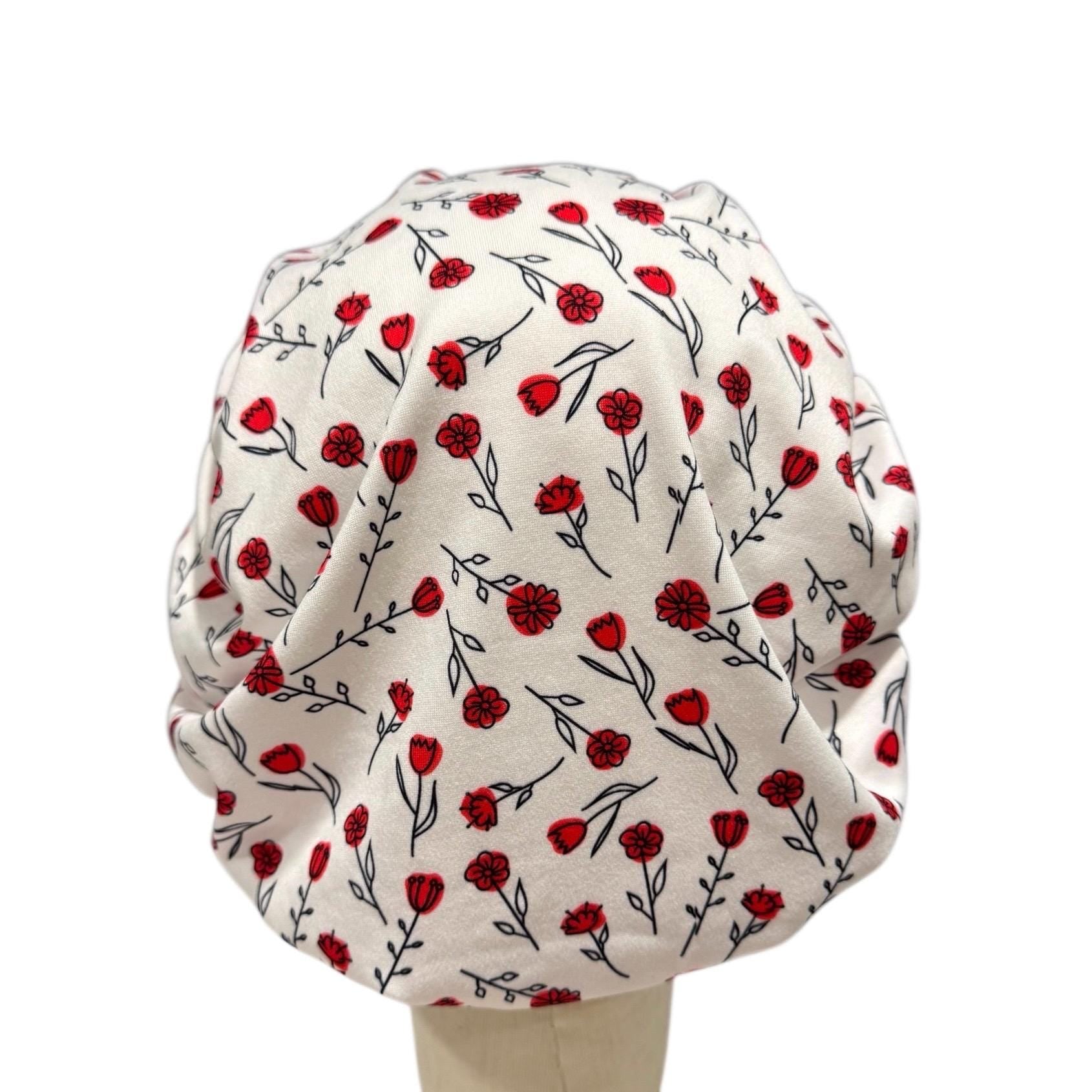 Red Floral Scrub Cap | Bouffant Surgical Hat | Nurse Scrub Hat with Red Flowers | Handmade Medical Cap for Women