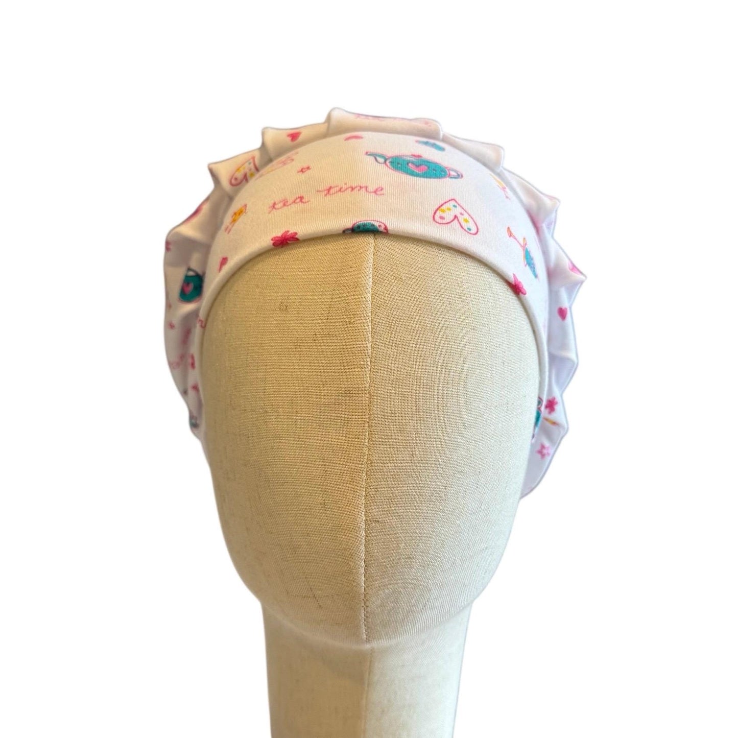 Tea Time Scrub Cap – Cute Bouffant Surgical Hat | Colorful Hearts, Crowns & Teapots | Handmade Nurse Hat for Women