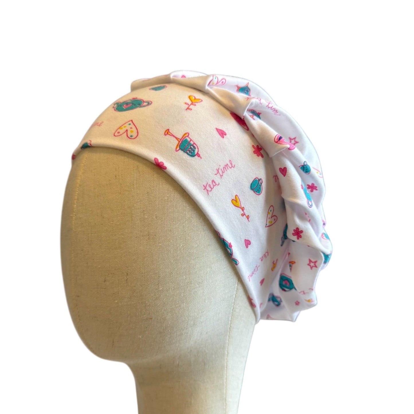 Tea Time Scrub Cap – Cute Bouffant Surgical Hat | Colorful Hearts, Crowns & Teapots | Handmade Nurse Hat for Women
