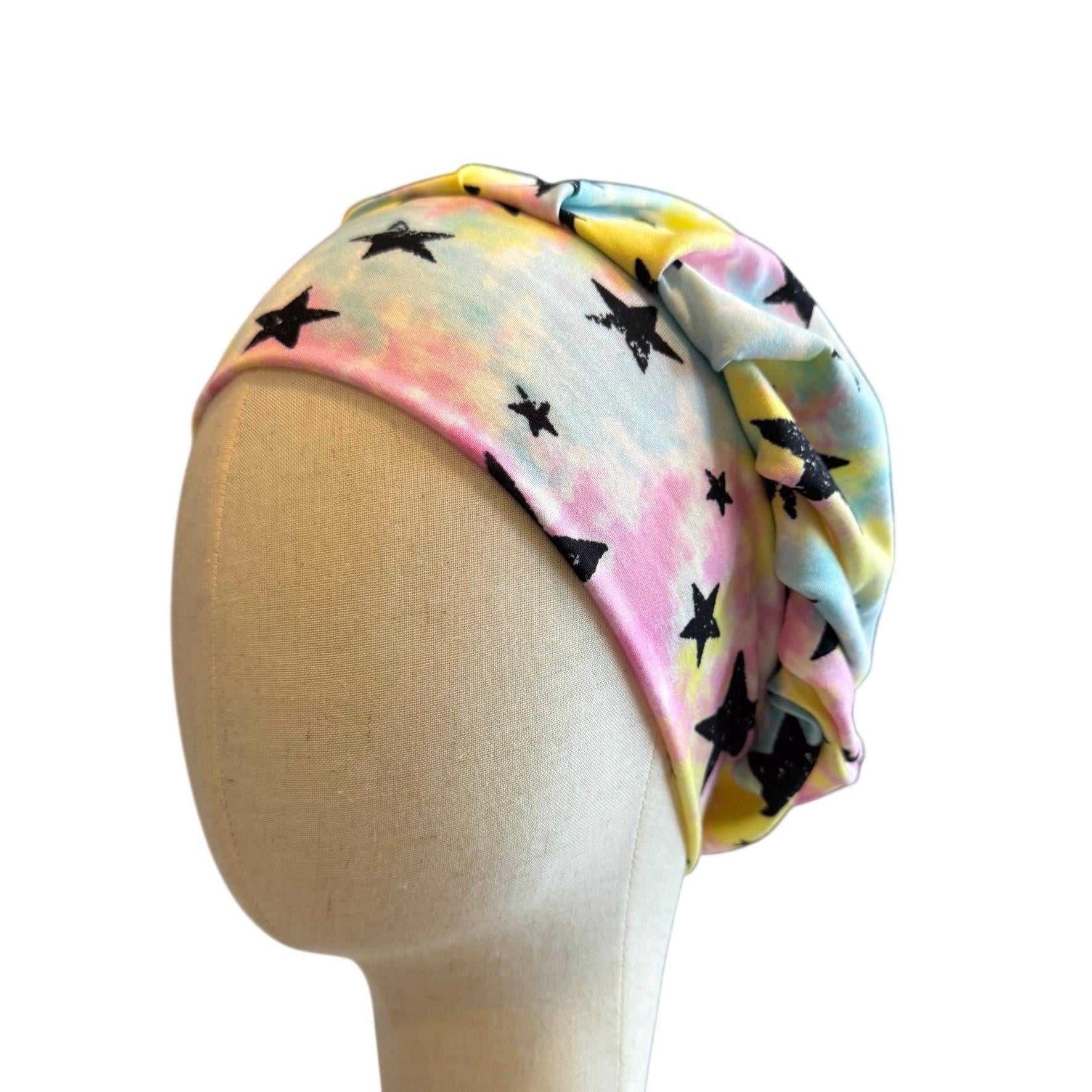 Galaxy Star Scrub Cap – Bouffant Style Surgical Hat with Tie-Dye Pastel Background & Black Stars
