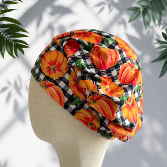 Pumpkin Scrub Cap | Fall Plaid Surgical Hat | Autumn Bouffant Cap for Nurses | Halloween Harvest Medical Headwear | createdbymishka