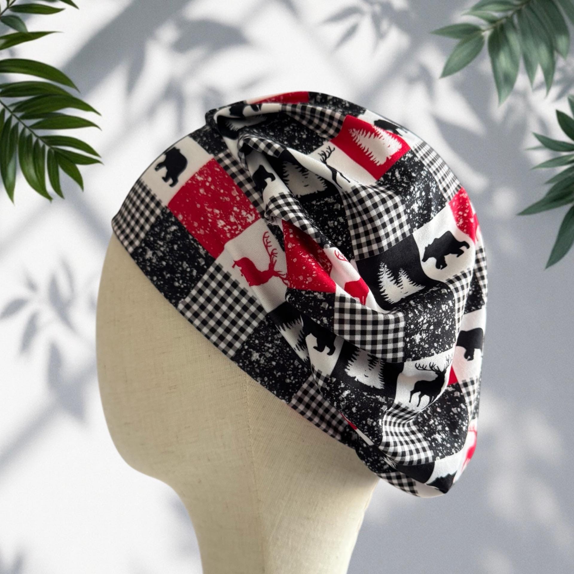 Buffalo Plaid Bouffant Scrub Cap, Stretchy Headband Style Scrub Cap, Nurse Surgical Hat | Handmade by CreatedByMishka