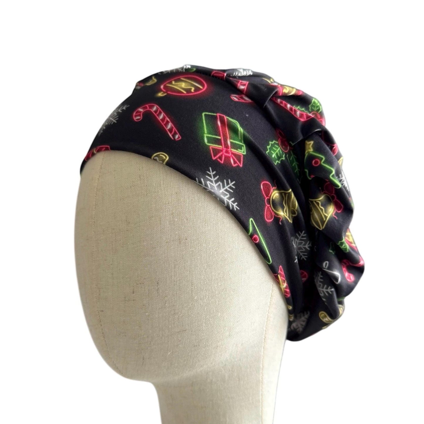 Christmas Bouffant Scrub Cap – Holiday Lights Print with Gingerbread, Candy Canes & Gifts | Festive Surgical Hat | CreatedByMishka