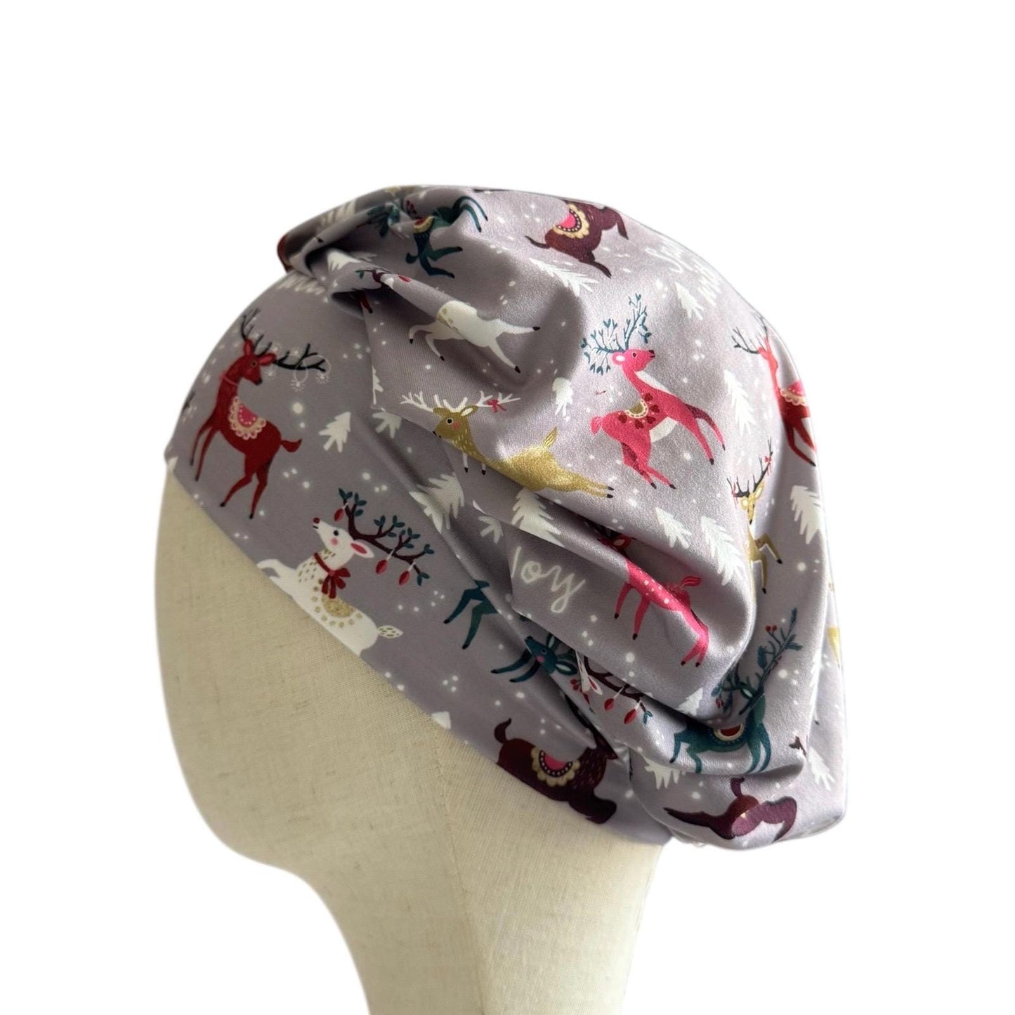 Reindeer Bouffant Scrub Cap – Christmas Deer Print on Gray | Holiday Surgical Hat | Cute Nurse Gift | Handmade by CreatedByMishka