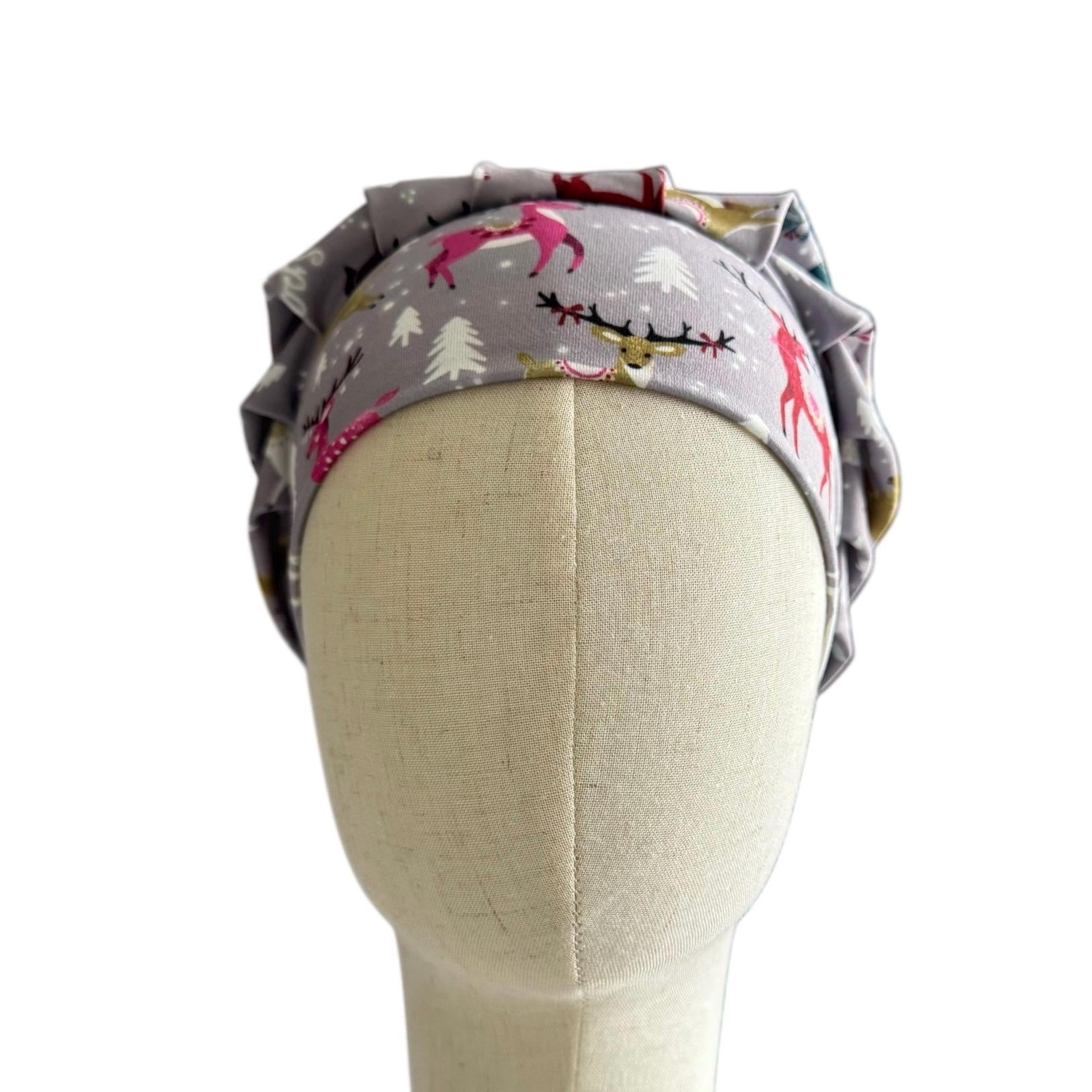 Reindeer Bouffant Scrub Cap – Christmas Deer Print on Gray | Holiday Surgical Hat | Cute Nurse Gift | Handmade by CreatedByMishka