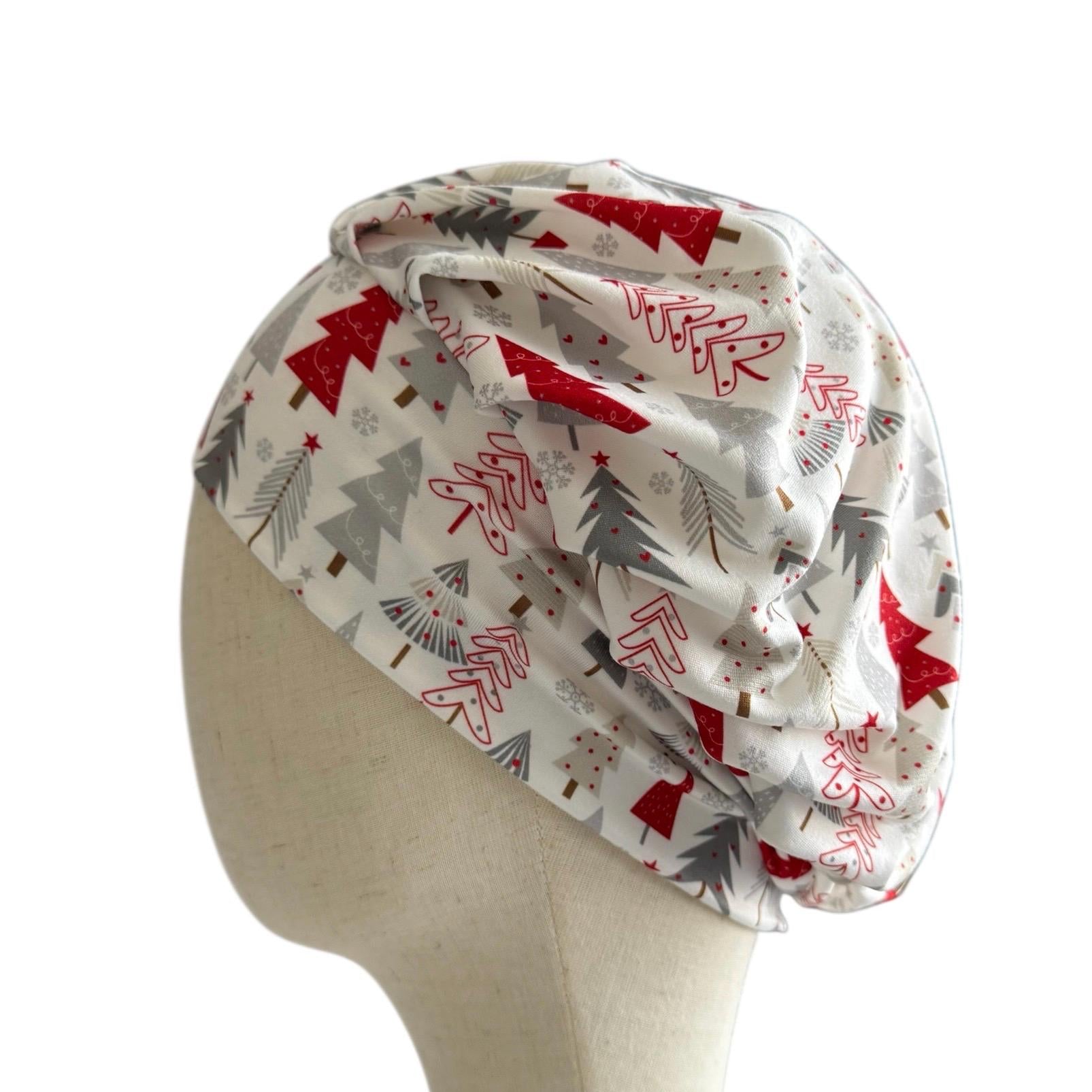 Christmas Tree Bouffant Scrub Cap – Red and Gray Holiday Print | Winter Surgical Hat | Nurse Gift | Handmade by CreatedByMishka