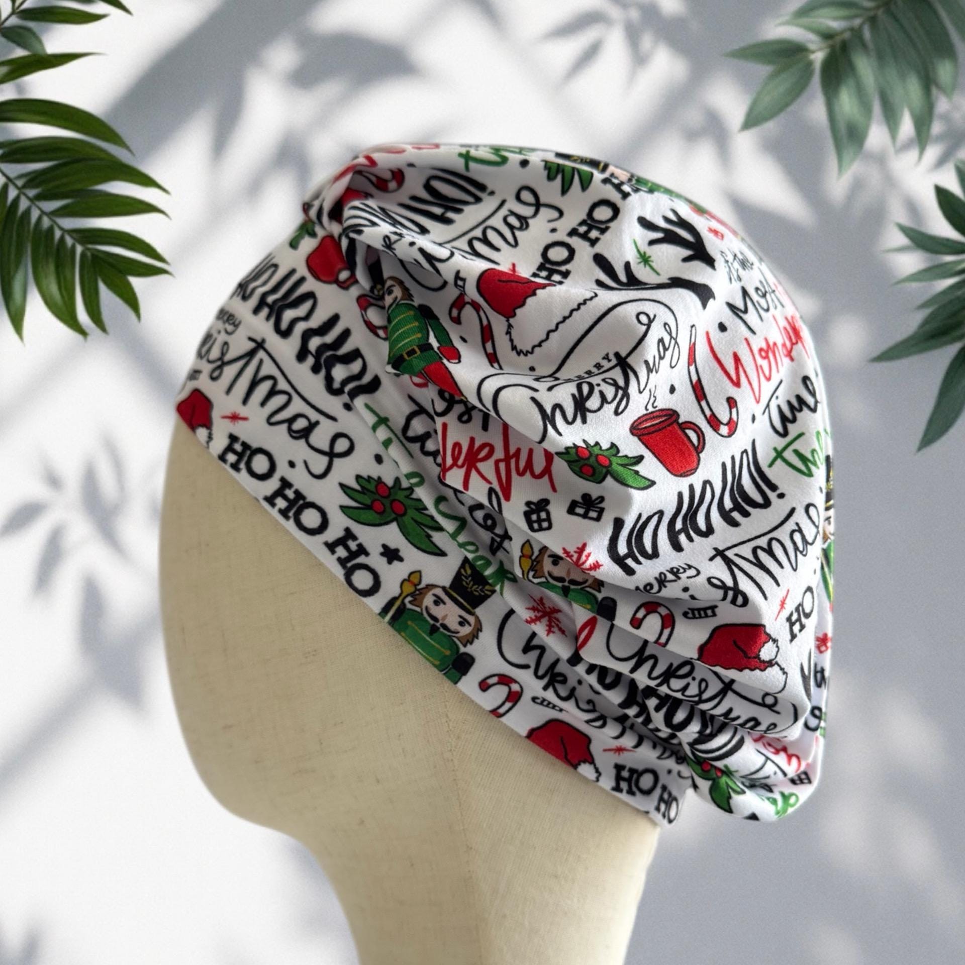 Christmas Word Print Bouffant Scrub Cap, Ho Ho Ho Scrub Cap, Festive Surgical Hat | Nurse Gift | Handmade by CreatedByMishka