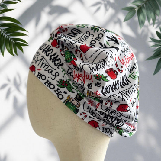 Christmas Word Print Bouffant Scrub Cap, Ho Ho Ho Scrub Cap, Festive Surgical Hat | Nurse Gift | Handmade by CreatedByMishka