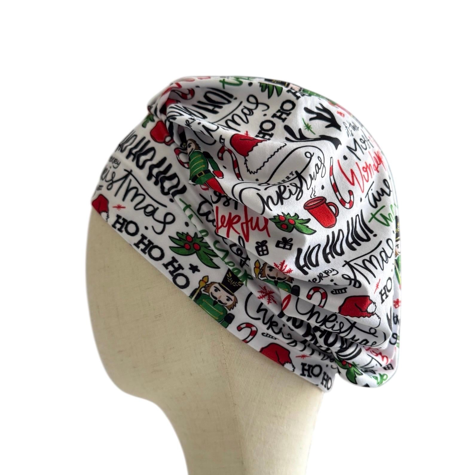 Christmas Word Print Bouffant Scrub Cap, Ho Ho Ho Scrub Cap, Festive Surgical Hat | Nurse Gift | Handmade by CreatedByMishka