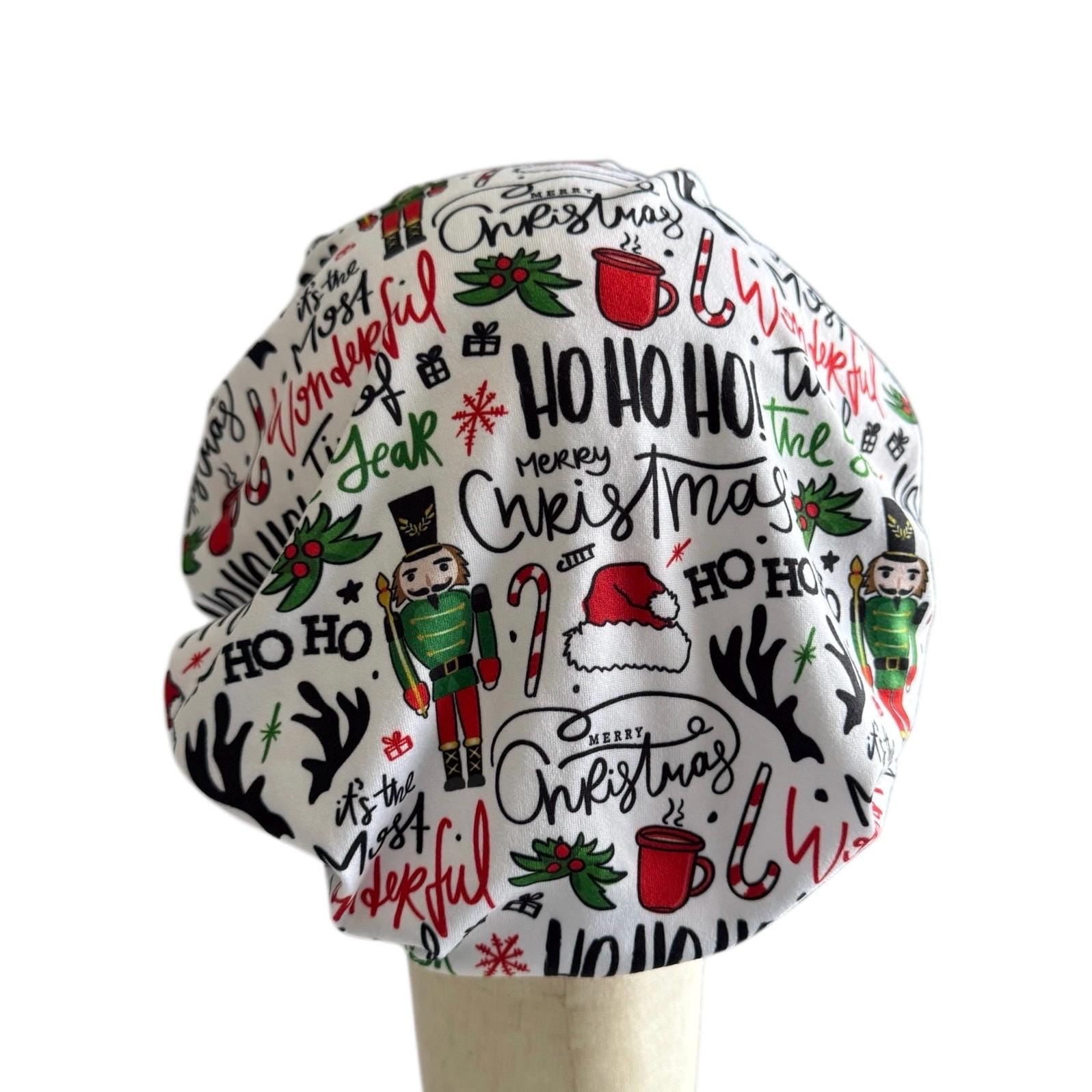 Christmas Word Print Bouffant Scrub Cap, Ho Ho Ho Scrub Cap, Festive Surgical Hat | Nurse Gift | Handmade by CreatedByMishka