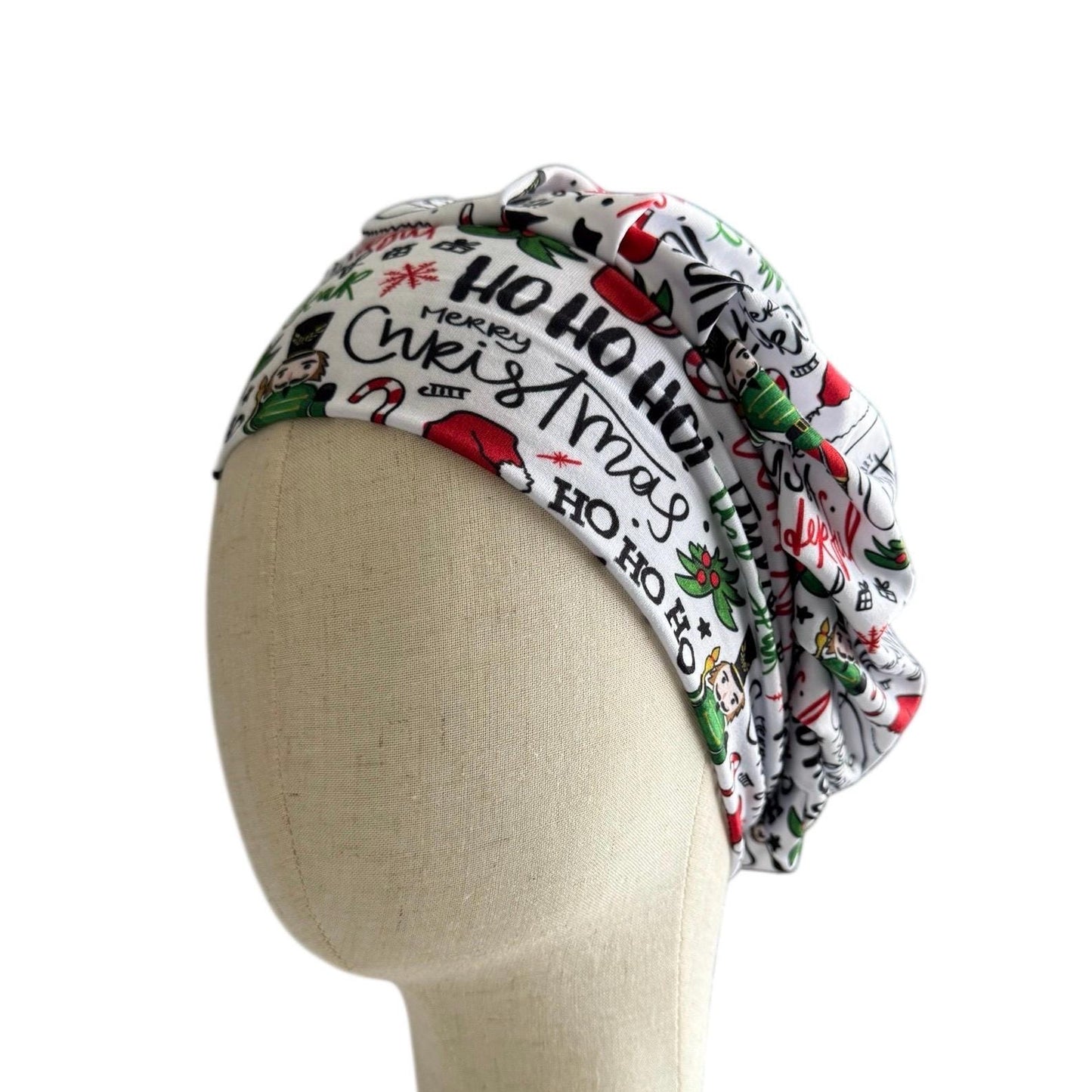 Christmas Word Print Bouffant Scrub Cap, Ho Ho Ho Scrub Cap, Festive Surgical Hat | Nurse Gift | Handmade by CreatedByMishka