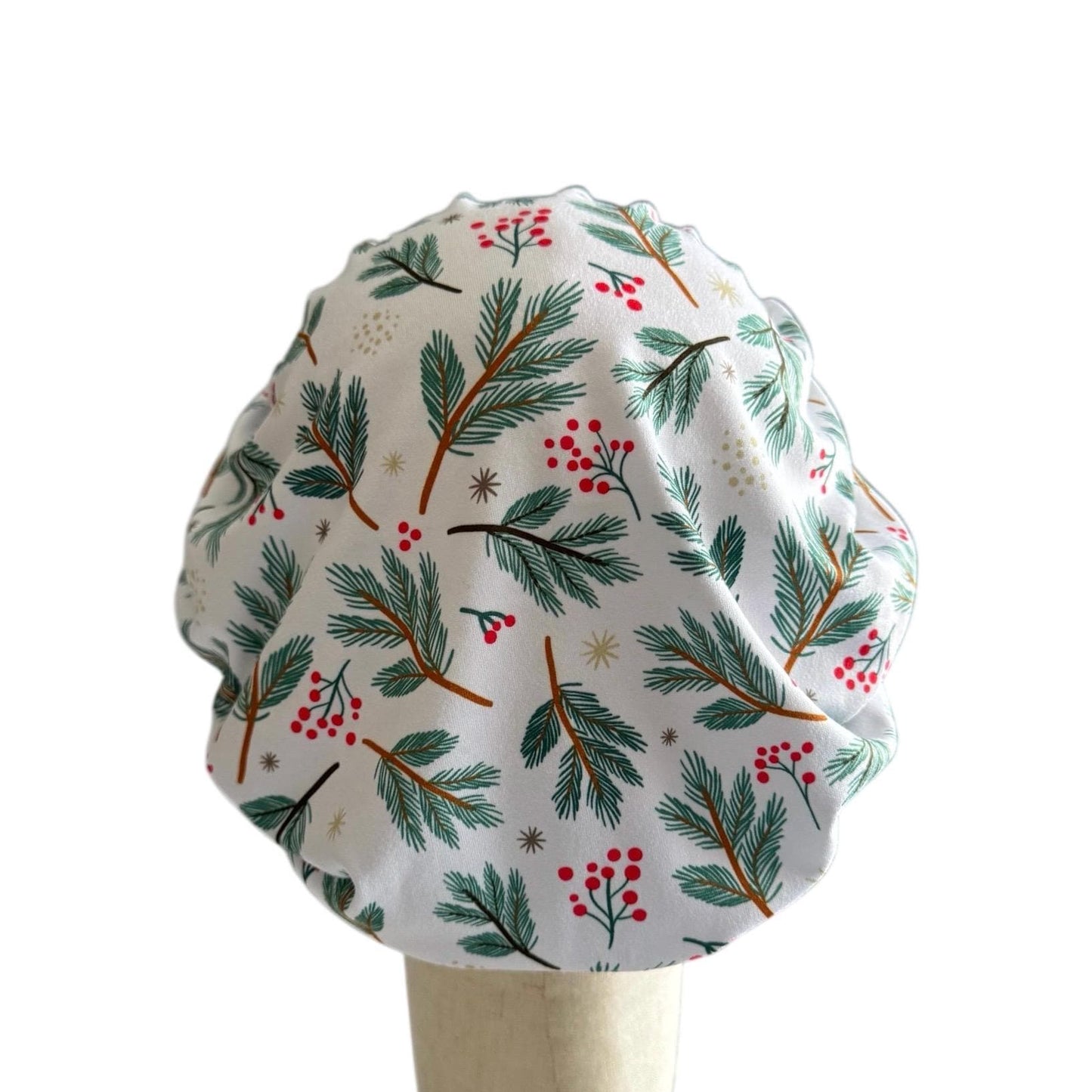 Winter Pine Bouffant Scrub Cap – Christmas Berries and Evergreen Branches | Holiday Surgical Hat | Nurse Gift | Handmade by CreatedByMishka
