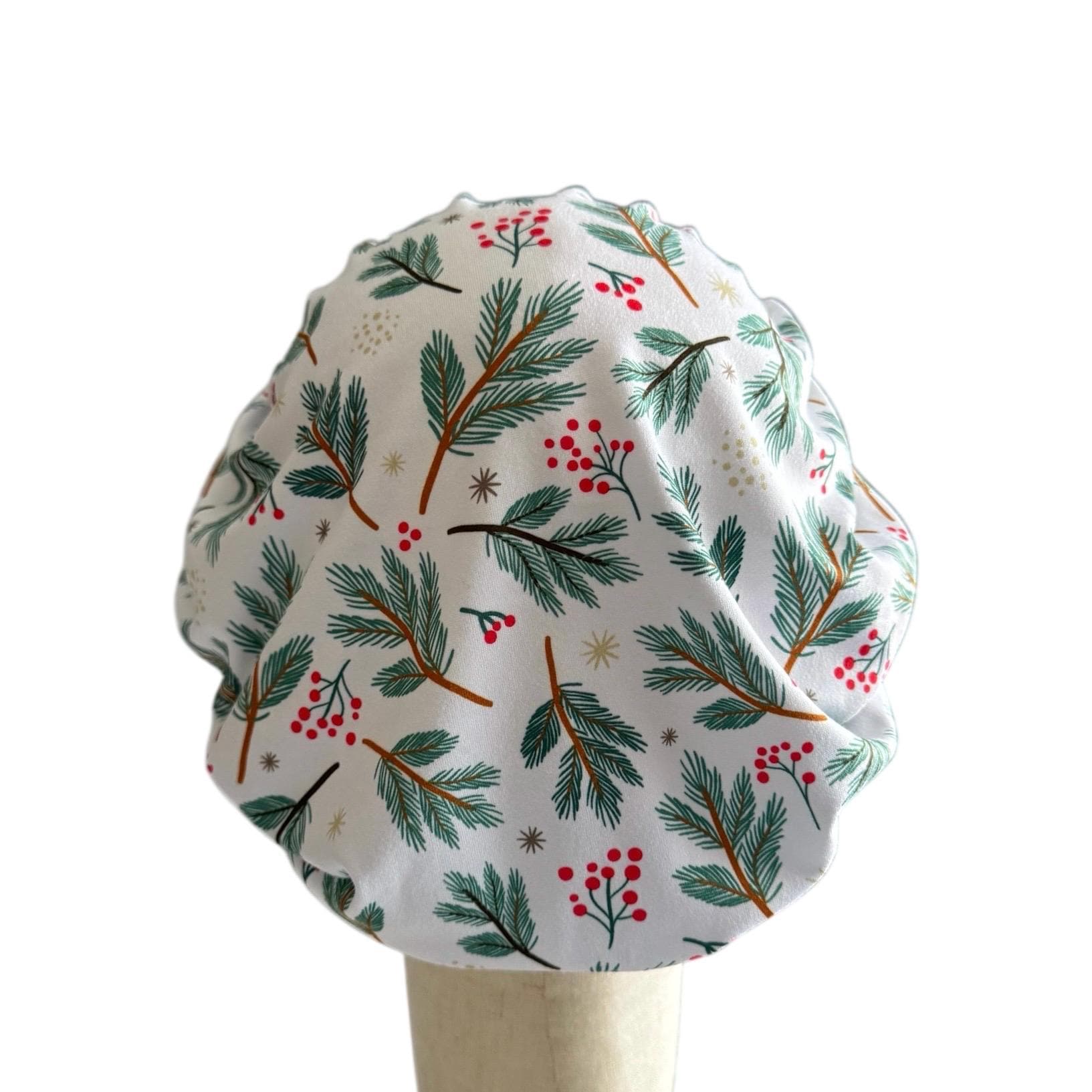Winter Pine Bouffant Scrub Cap – Christmas Berries and Evergreen Branches | Holiday Surgical Hat | Nurse Gift | Handmade by CreatedByMishka