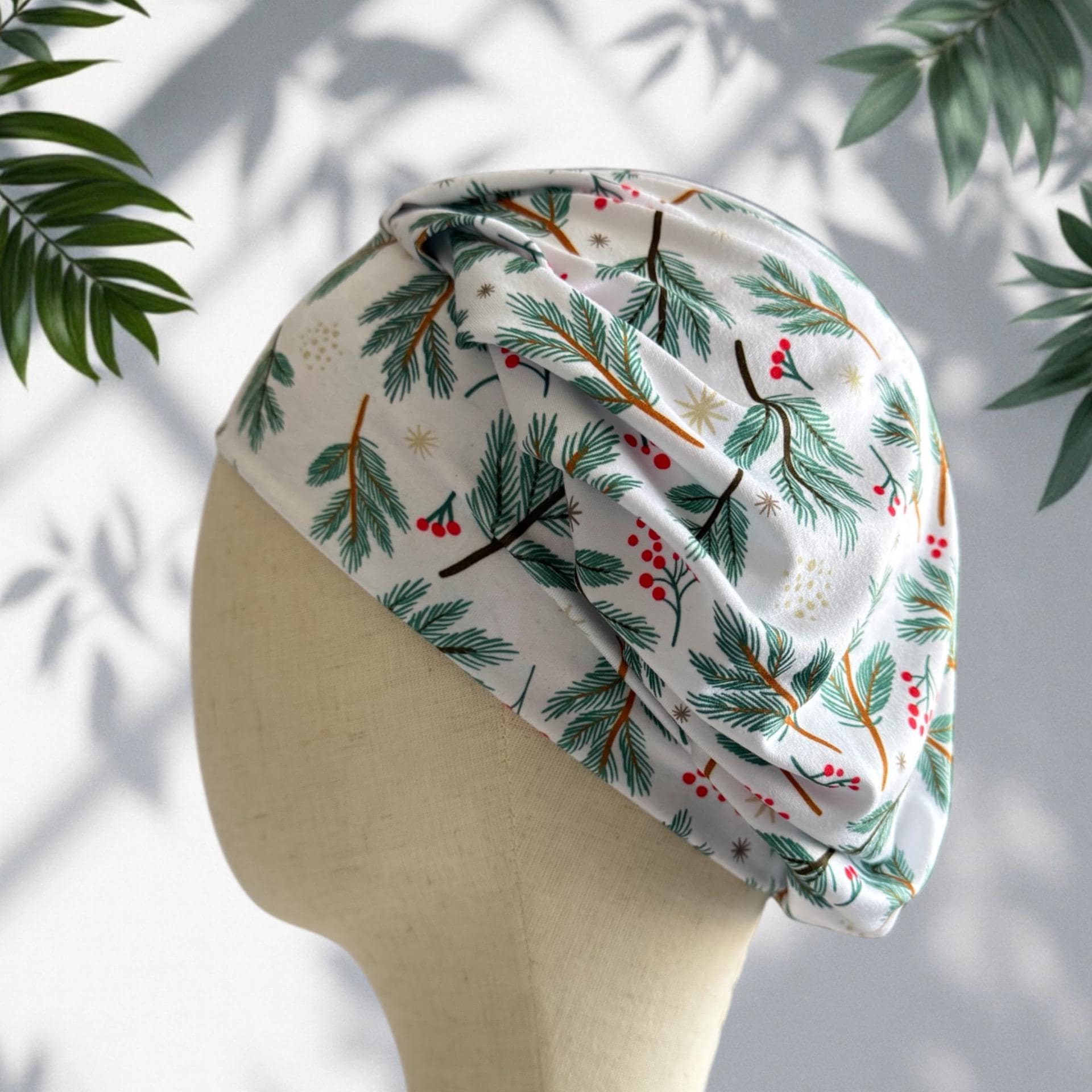 Winter Pine Bouffant Scrub Cap – Christmas Berries and Evergreen Branches | Holiday Surgical Hat | Nurse Gift | Handmade by CreatedByMishka