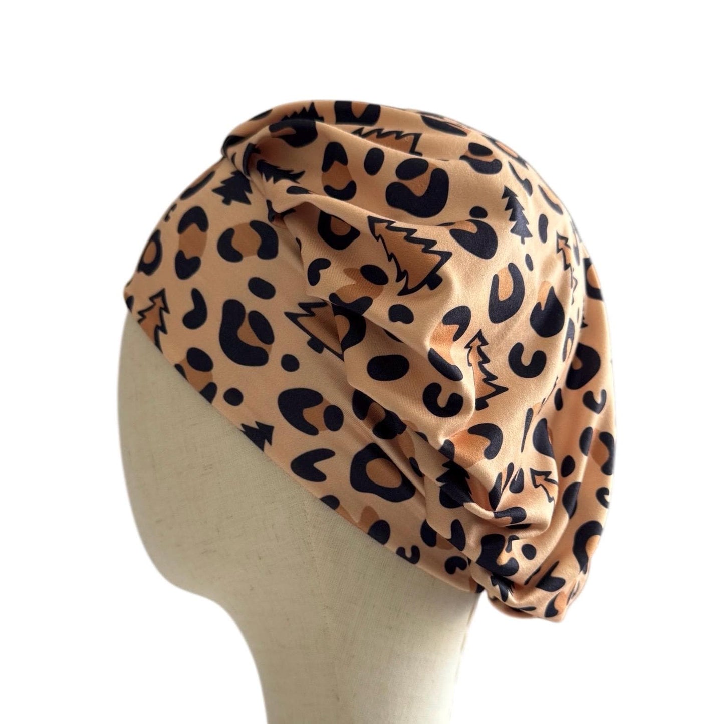 Leopard Christmas Bouffant Scrub Cap – Tan Animal Print with Christmas Trees | Festive Surgical Hat | Handmade by CreatedByMishka