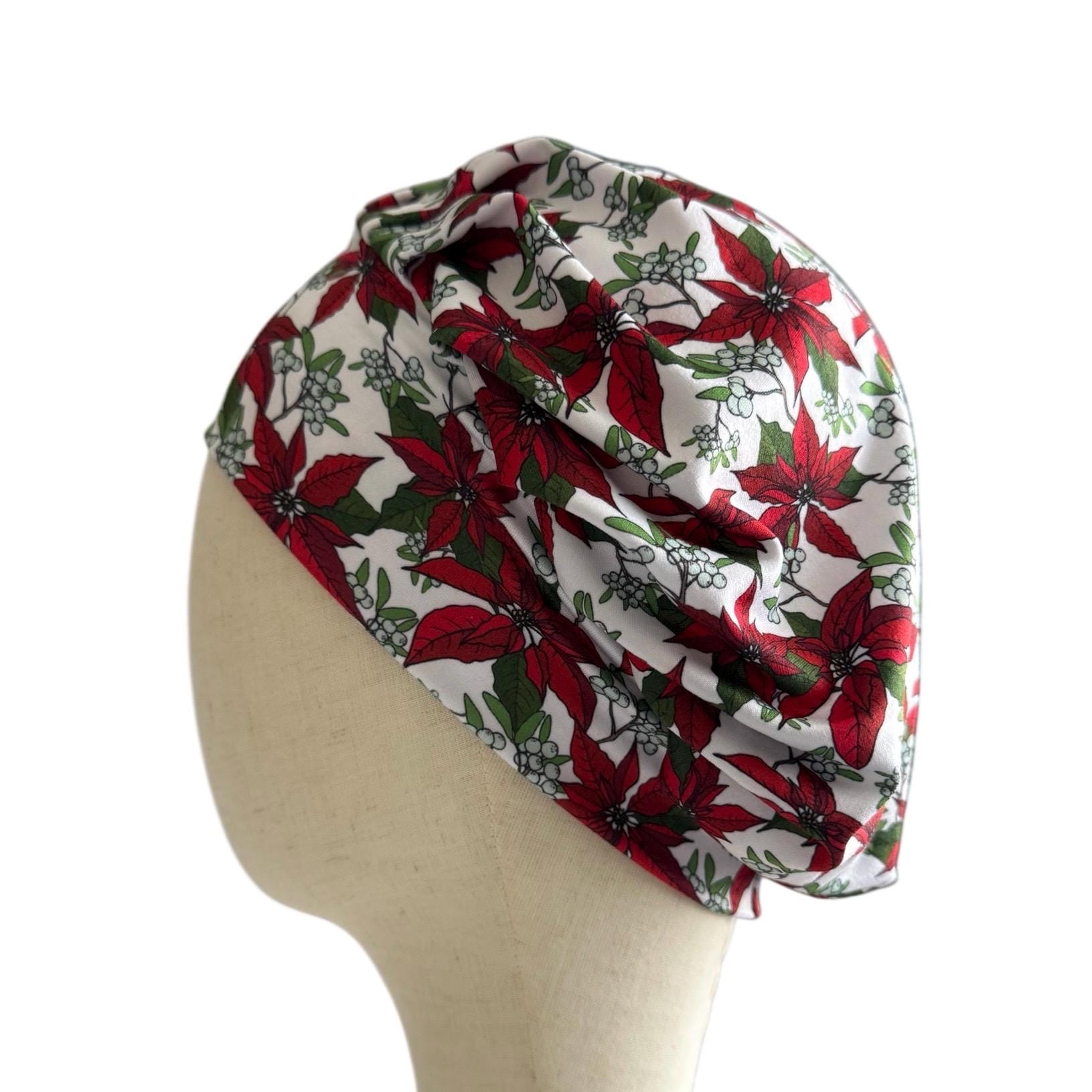 Poinsettia Christmas Bouffant Scrub Cap – Red and Green Floral Holiday Print | Festive Surgical Hat | Handmade by CreatedByMishka