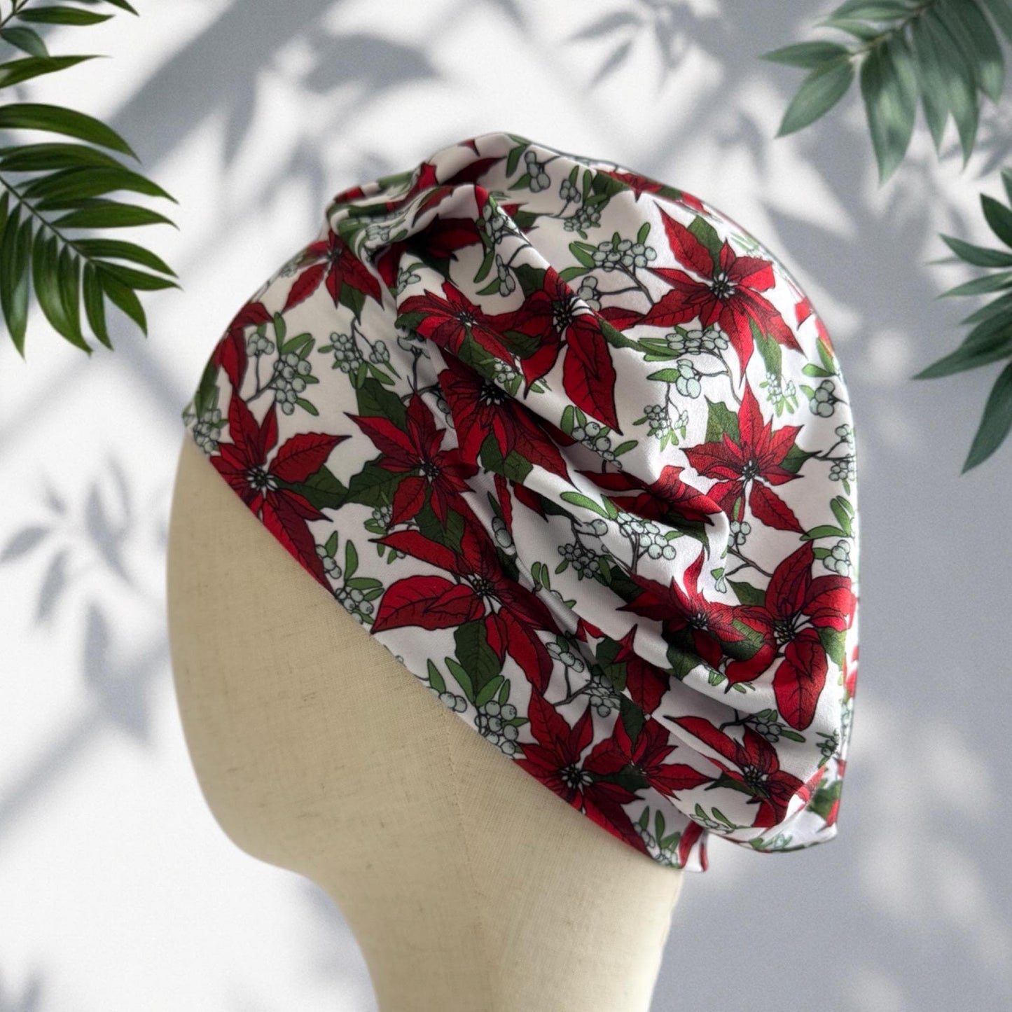 Poinsettia Christmas Bouffant Scrub Cap – Red and Green Floral Holiday Print | Festive Surgical Hat | Handmade by CreatedByMishka