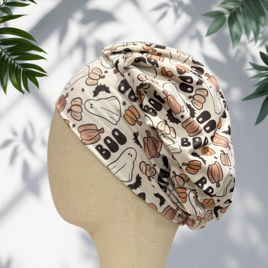 Halloween Boo Headband Bouffant Scrub Cap | Ghost & Pumpkin Surgical Cap | Cute Fall Nurse Hat| createdbymishka