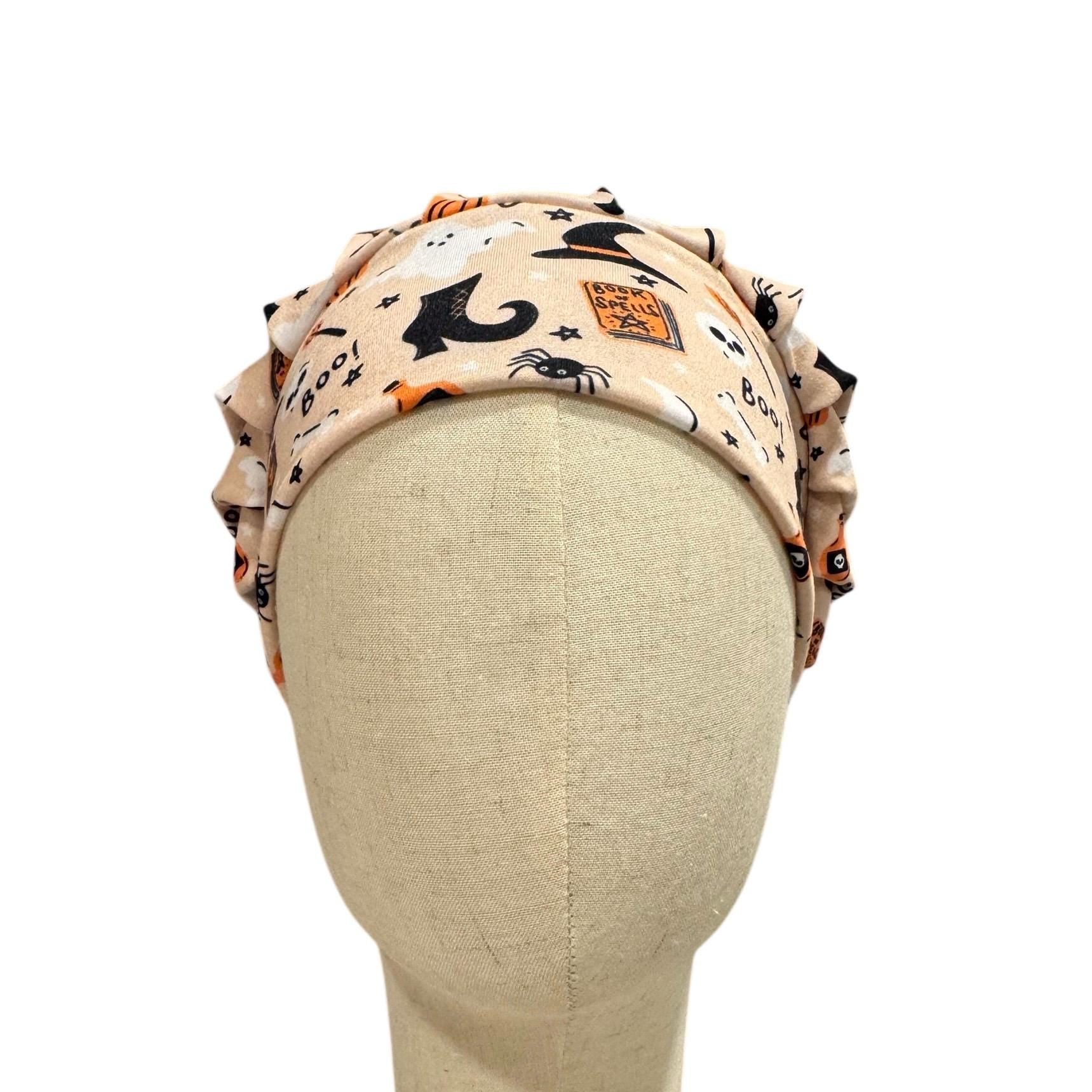 Witchy Halloween Headband Bouffant Scrub Cap | Peach Ghost & Spell Book Print | Stretchy Surgical Cap