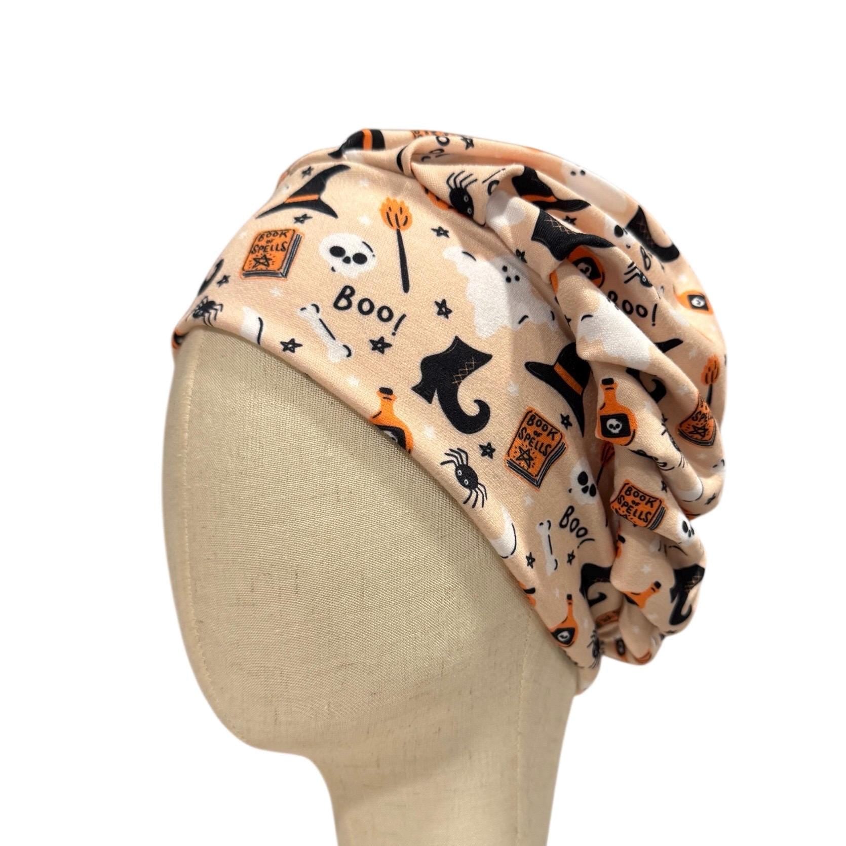 Witchy Halloween Headband Bouffant Scrub Cap | Peach Ghost & Spell Book Print | Stretchy Surgical Cap