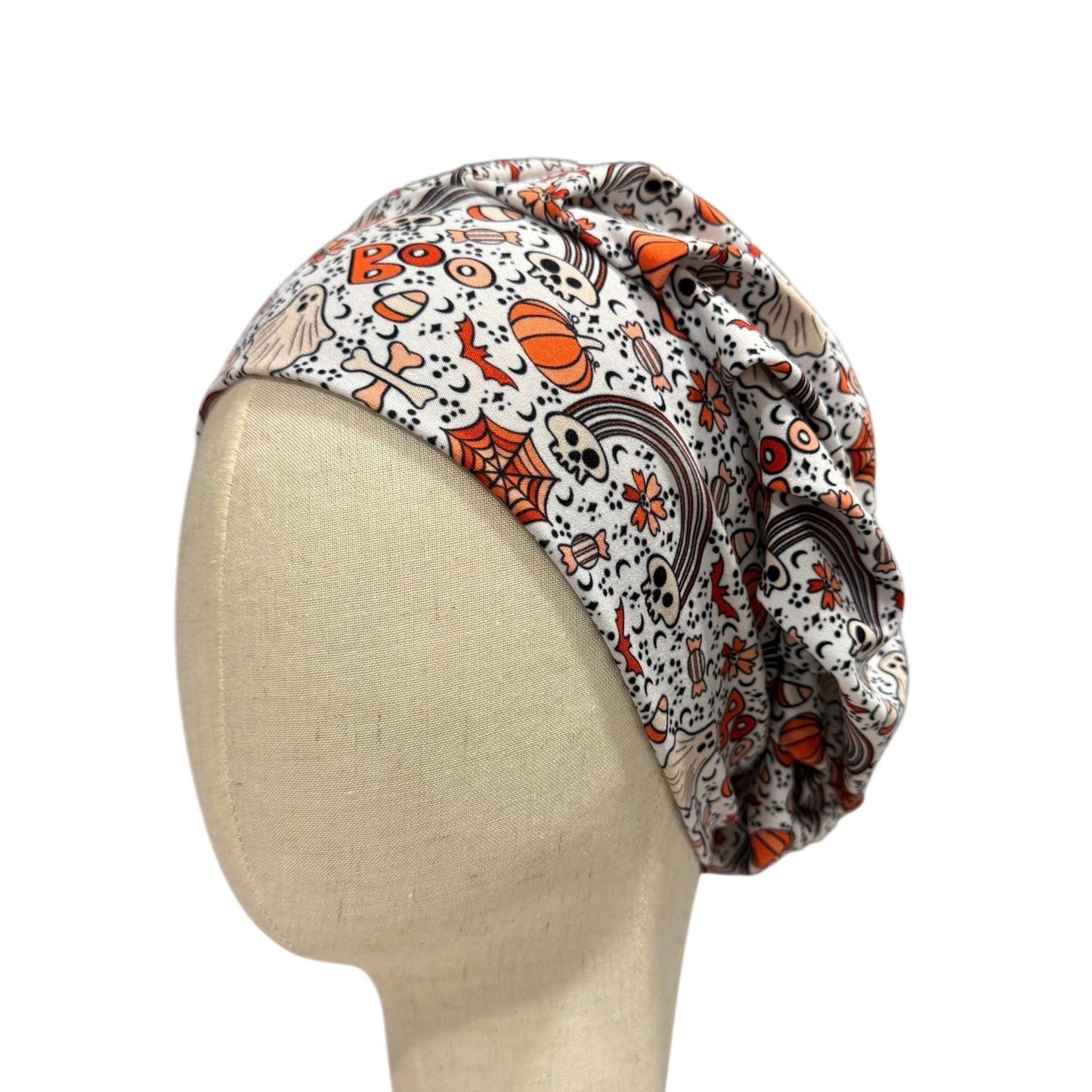 Halloween Headband Bouffant Scrub Cap | Stretchy Soft Surgical Cap | Skull Pumpkin Ghost Candy Corn Print | Nurse Doctor Medical Hat