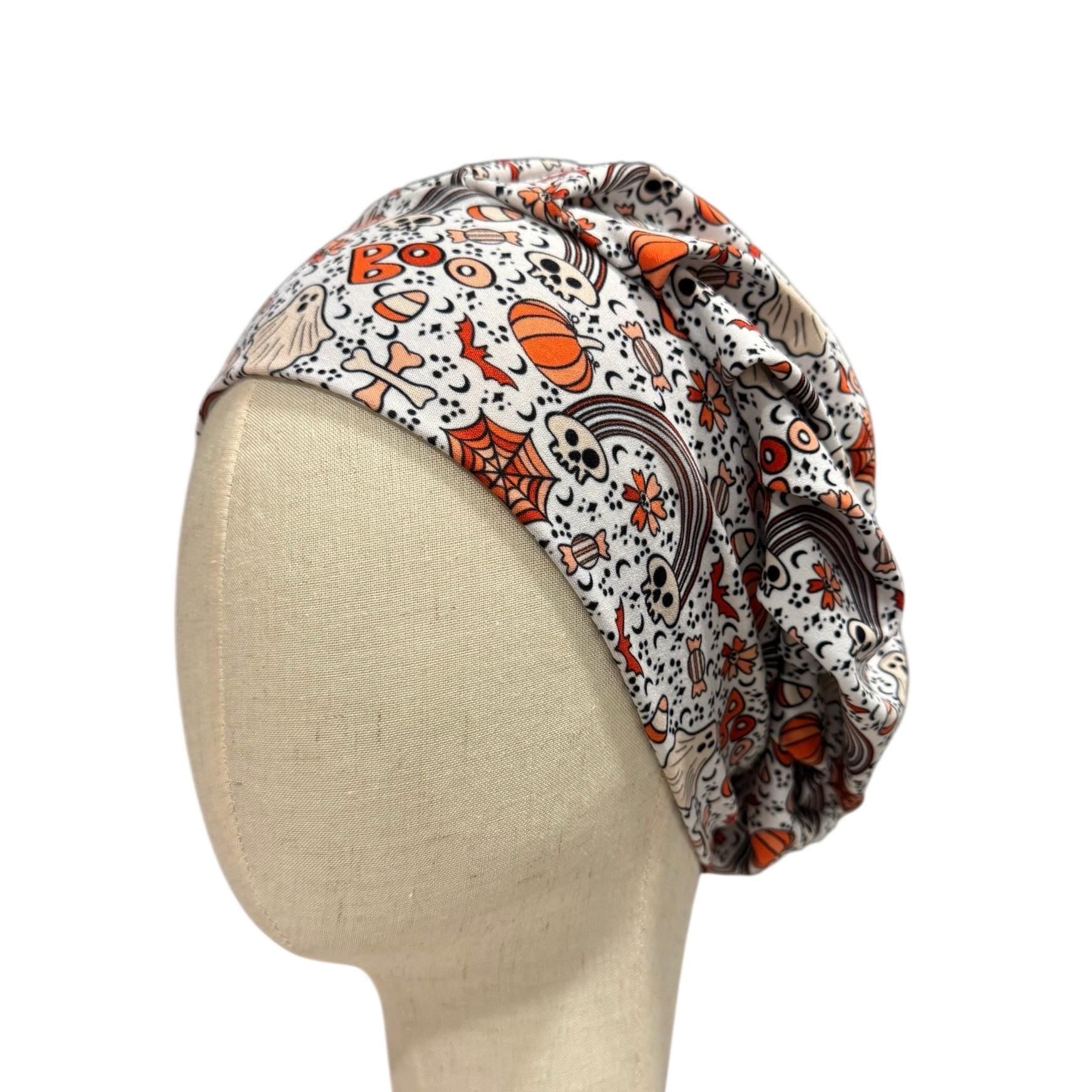 Halloween Headband Bouffant Scrub Cap | Stretchy Soft Surgical Cap | Skull Pumpkin Ghost Candy Corn Print | Nurse Doctor Medical Hat