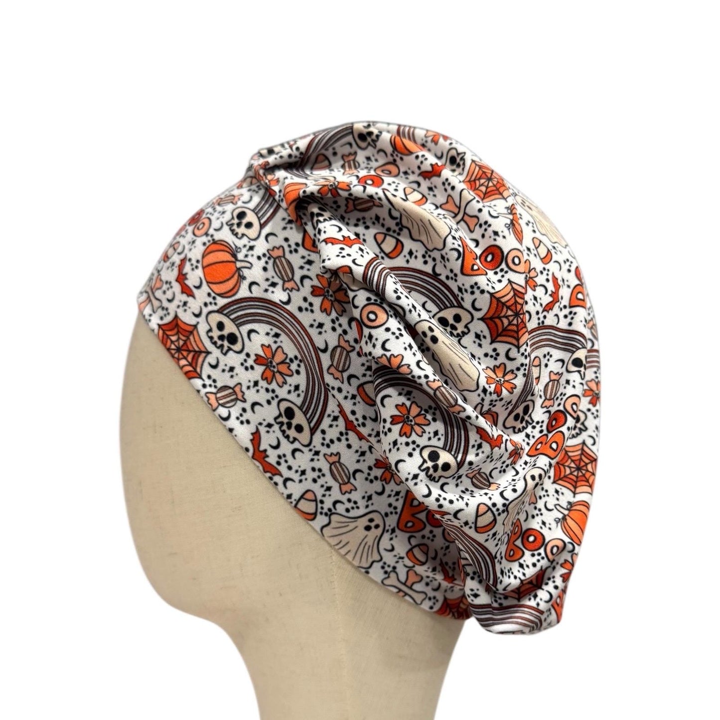 Halloween Headband Bouffant Scrub Cap | Stretchy Soft Surgical Cap | Skull Pumpkin Ghost Candy Corn Print | Nurse Doctor Medical Hat