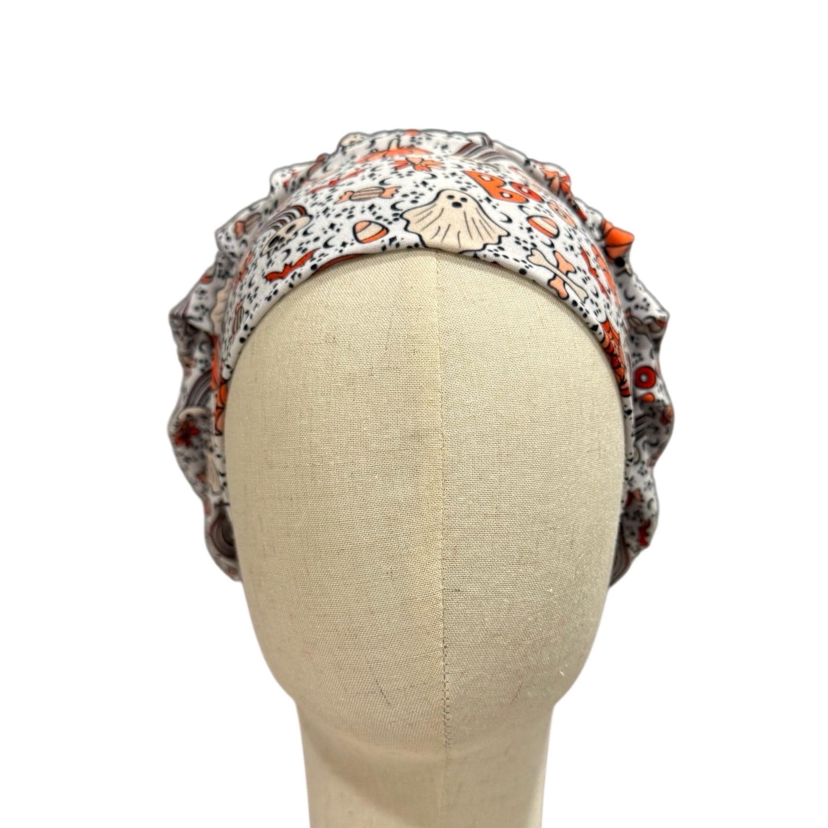 Halloween Headband Bouffant Scrub Cap | Stretchy Soft Surgical Cap | Skull Pumpkin Ghost Candy Corn Print | Nurse Doctor Medical Hat