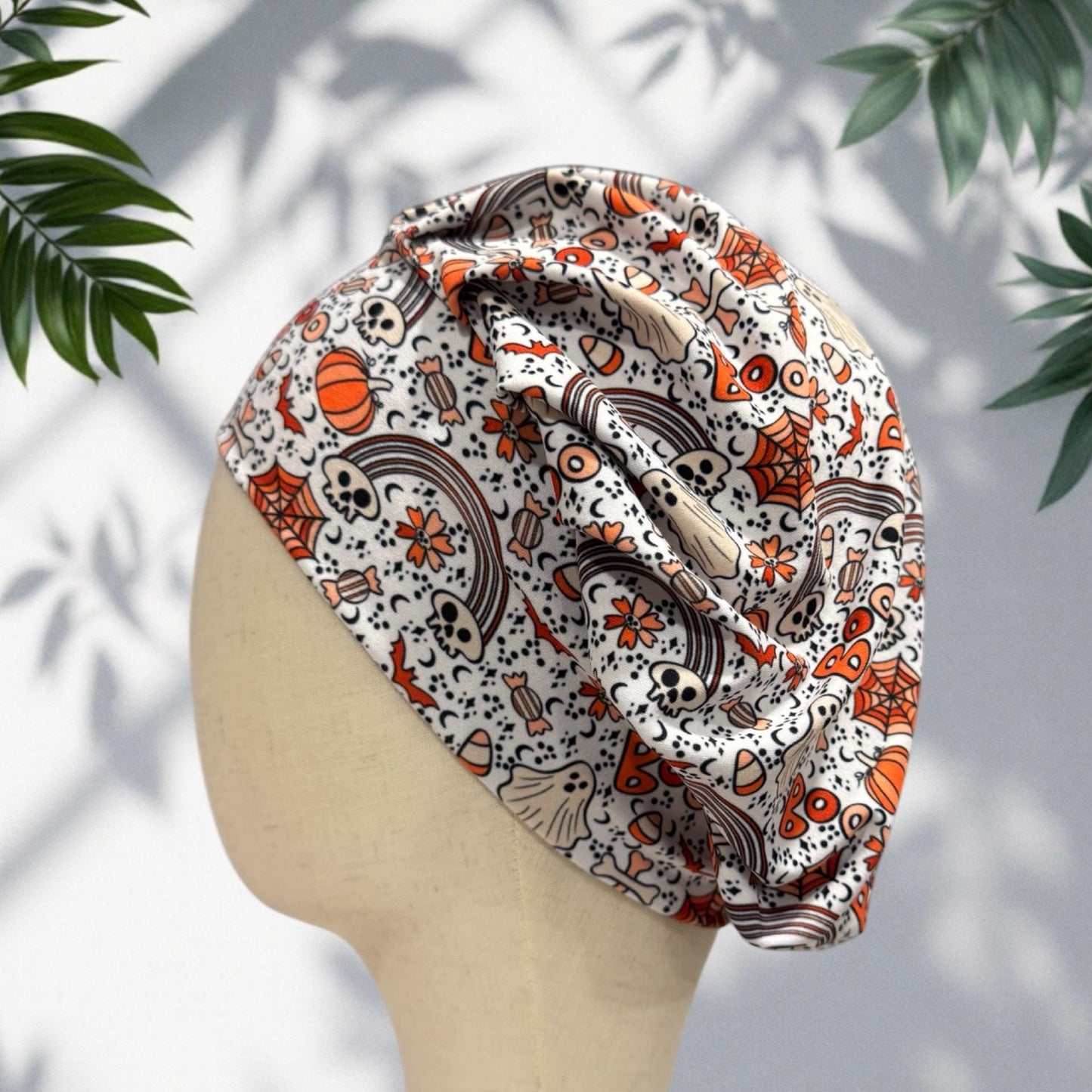 Halloween Headband Bouffant Scrub Cap | Stretchy Soft Surgical Cap | Skull Pumpkin Ghost Candy Corn Print | Nurse Doctor Medical Hat