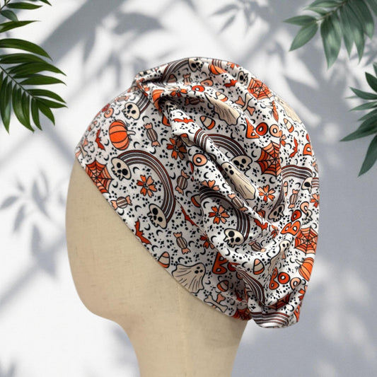 Halloween Headband Bouffant Scrub Cap | Stretchy Soft Surgical Cap | Skull Pumpkin Ghost Candy Corn Print | Nurse Doctor Medical Hat
