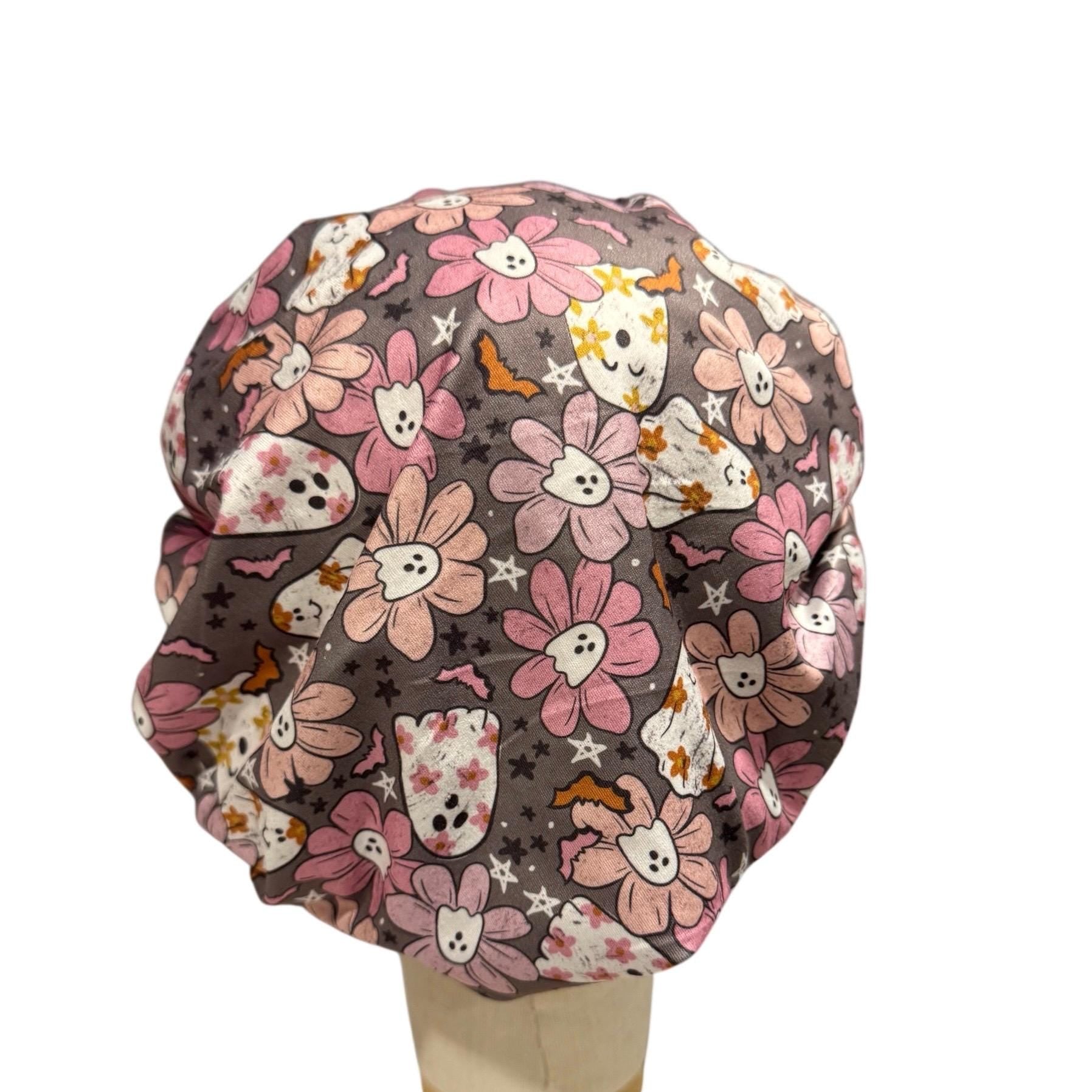 Pink Ghost Floral Headband Bouffant Scrub Cap | Soft Stretchy Halloween Medical Hat | Cute Spooky Floral Nurse Cap | Ghost Bat Print
