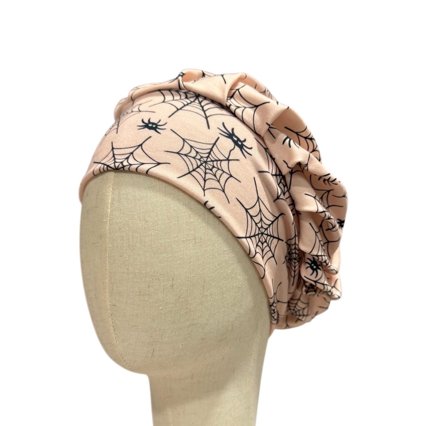 Spider Web Headband Style Bouffant Scrub Cap | Peach Halloween Scrub Hat | Soft Stretchy Surgical Cap | Spider Web Print