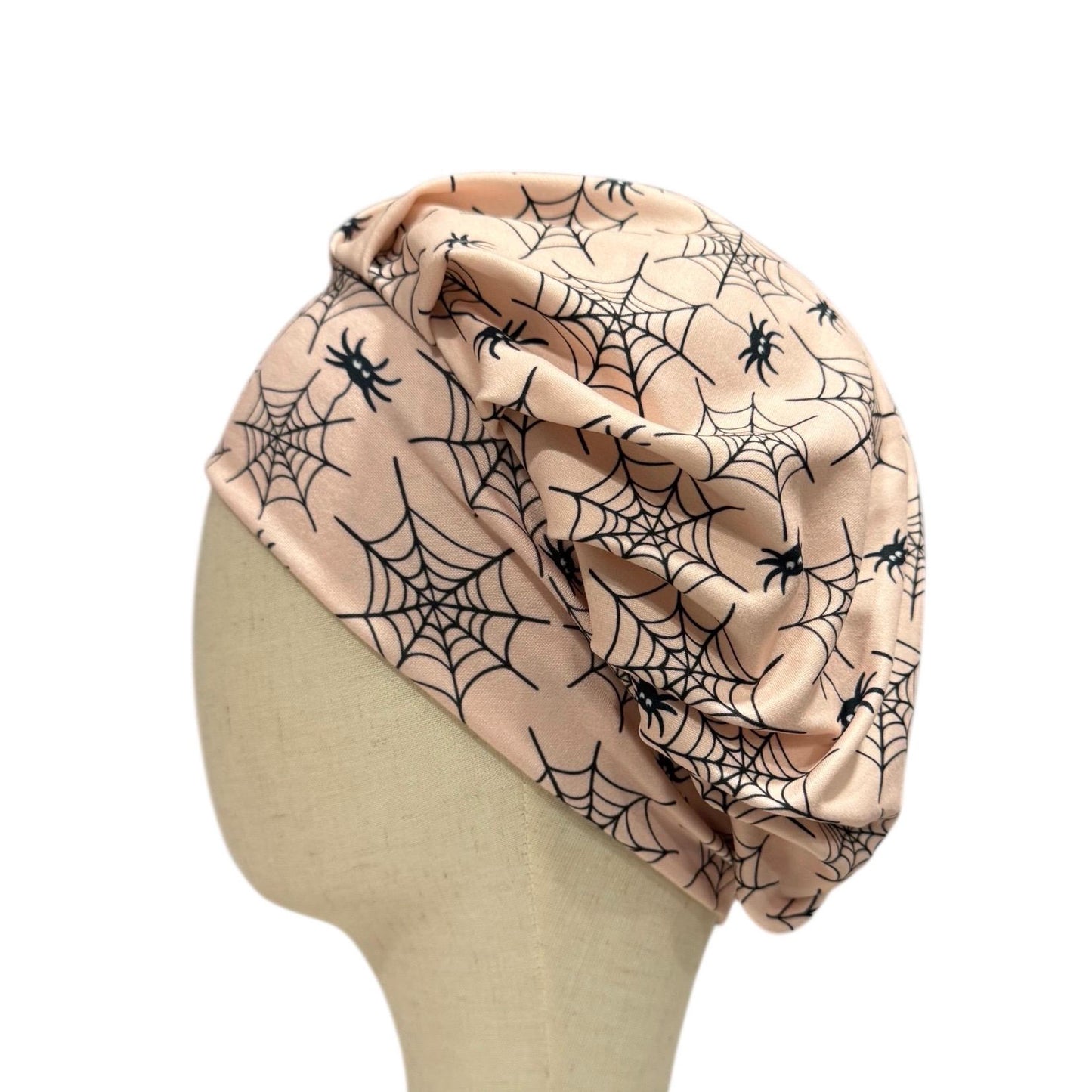 Spider Web Headband Style Bouffant Scrub Cap | Peach Halloween Scrub Hat | Soft Stretchy Surgical Cap | Spider Web Print