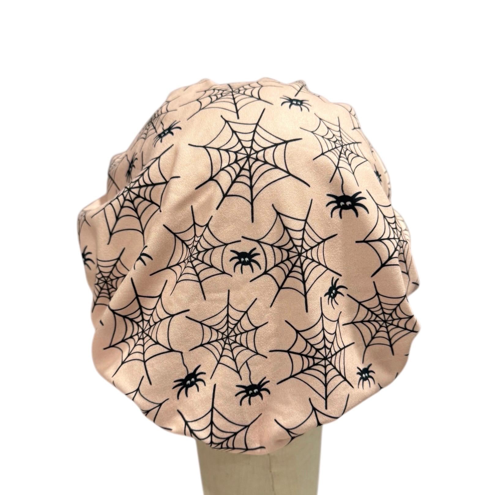 Spider Web Headband Style Bouffant Scrub Cap | Peach Halloween Scrub Hat | Soft Stretchy Surgical Cap | Spider Web Print