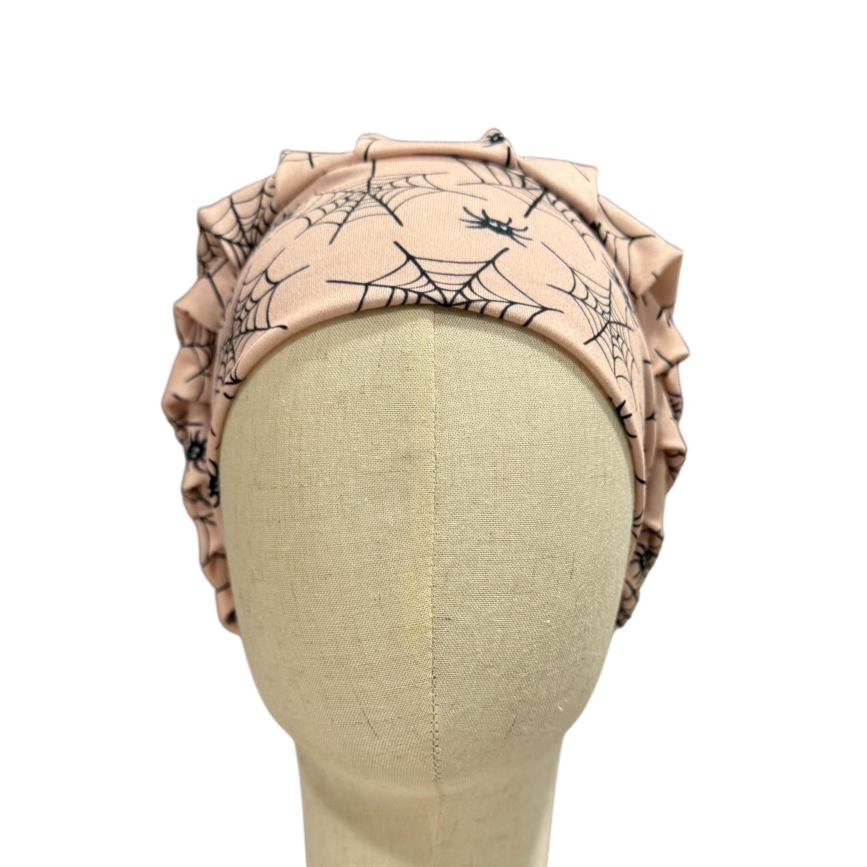 Spider Web Headband Style Bouffant Scrub Cap | Peach Halloween Scrub Hat | Soft Stretchy Surgical Cap | Spider Web Print